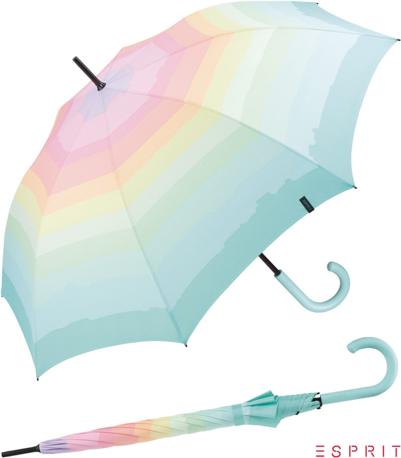 Esprit Stockregenschirm Damen-Regenschirm mit Automatik Rainbow Dawn, groß und stabil, in Aquarell-Regenbogen Optik türkis