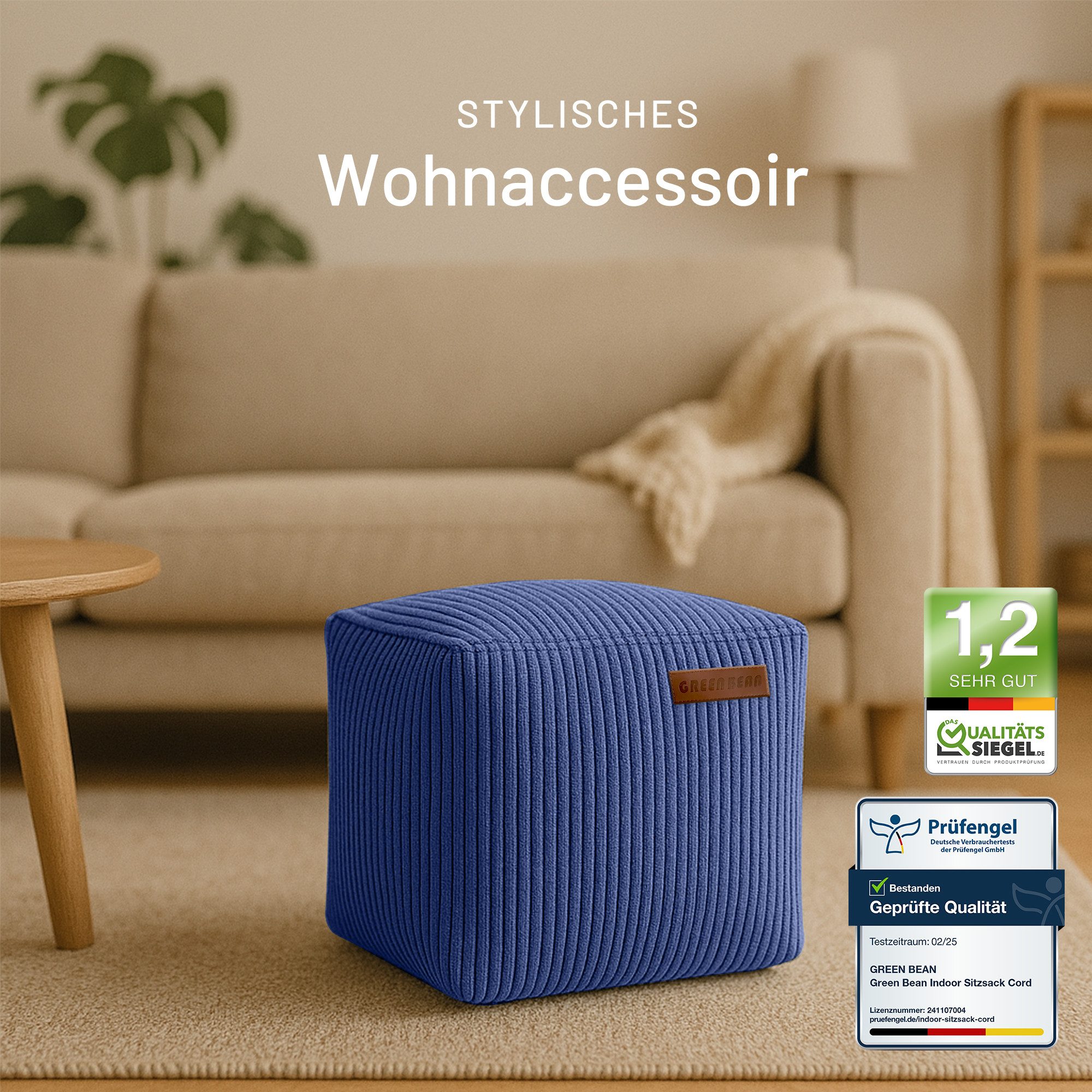 Green Bean Pouf Cube Cord (Indoor Sitzhocker Sitzkissen Fußhocker Relax-Sessel, Made in Germany), die ideale Ergänzung zum Sitzsack