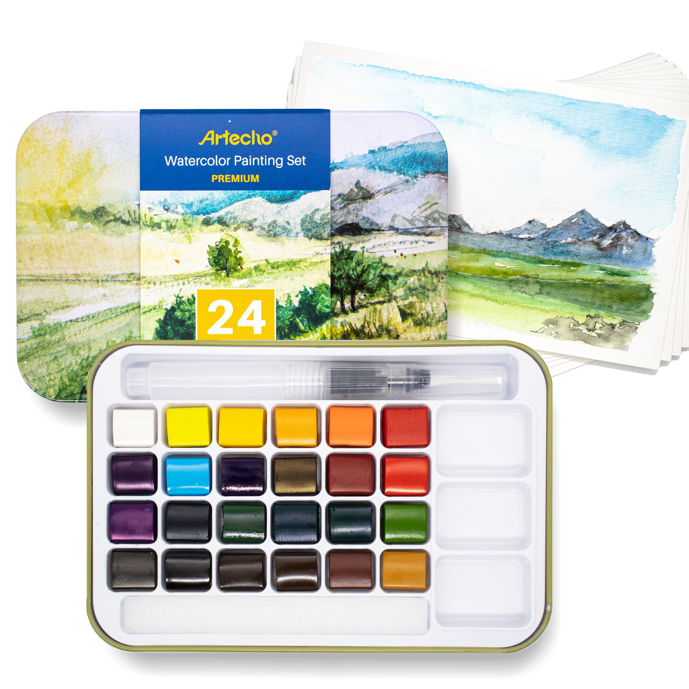 Artecho Aquarellfarbe Set – 24 / 50 / 100 / 128 Wasserfarben mit Aquarellpapieren & Pinseln, - egal ob unterwegs, Zuhause, in der Schule - für Anfänger und Profis