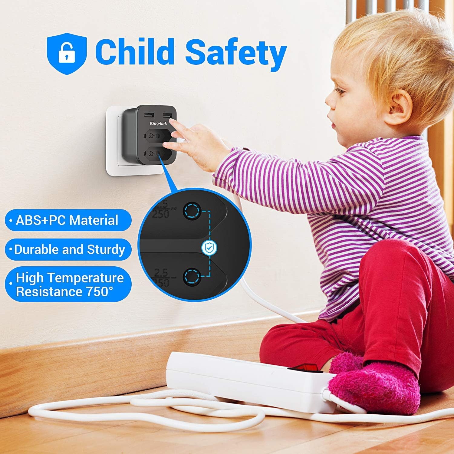 LA CUTE Doppelstecker 4-in-1 Mehrfachsteckdose USB 4000W Adapter Schwarz Mehrfachsteckdose 4-fach (2x Euro-Steckplätze (Typ C/EF), 2x USB-A Ports (5V/2,4A), Fla – Bild 5 von 5