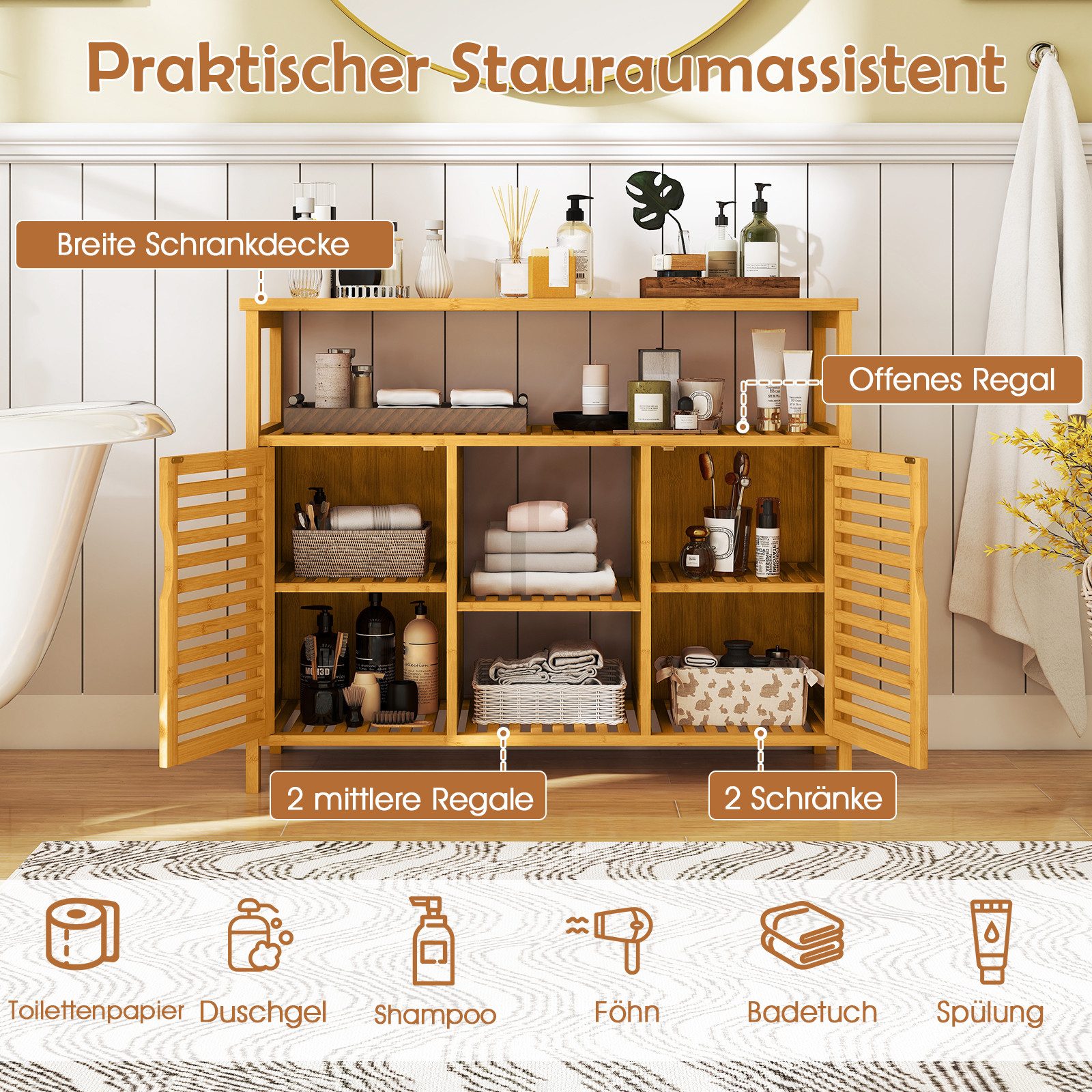 COSTWAY Badkommode, Badezimmerschrank Bambus mit Lamellentüren, 100x35x80cm