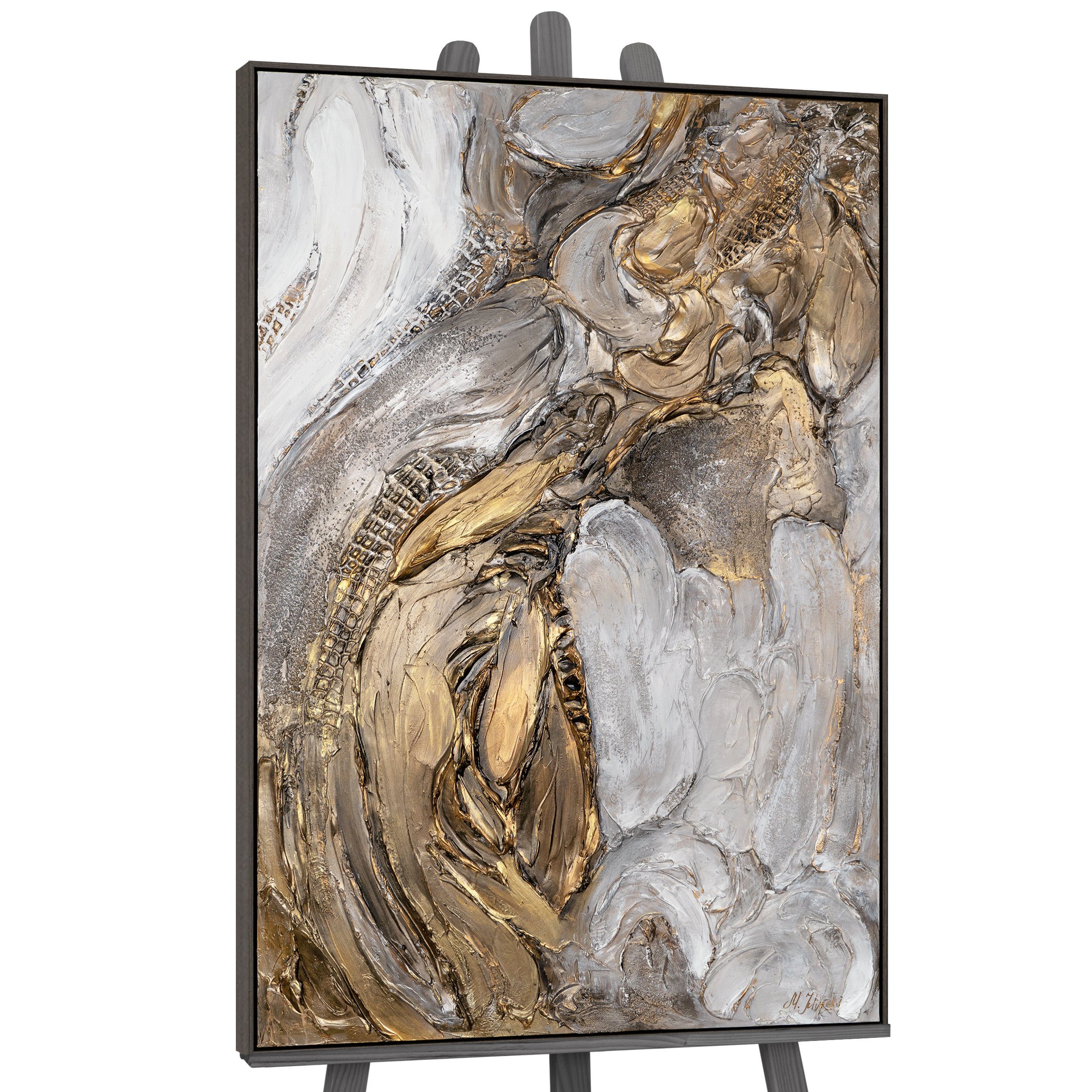 YS-Art Gemälde Kostbarkeit, Abstraktion in gold und weißen Farben in einem Schattenfugenrahmen