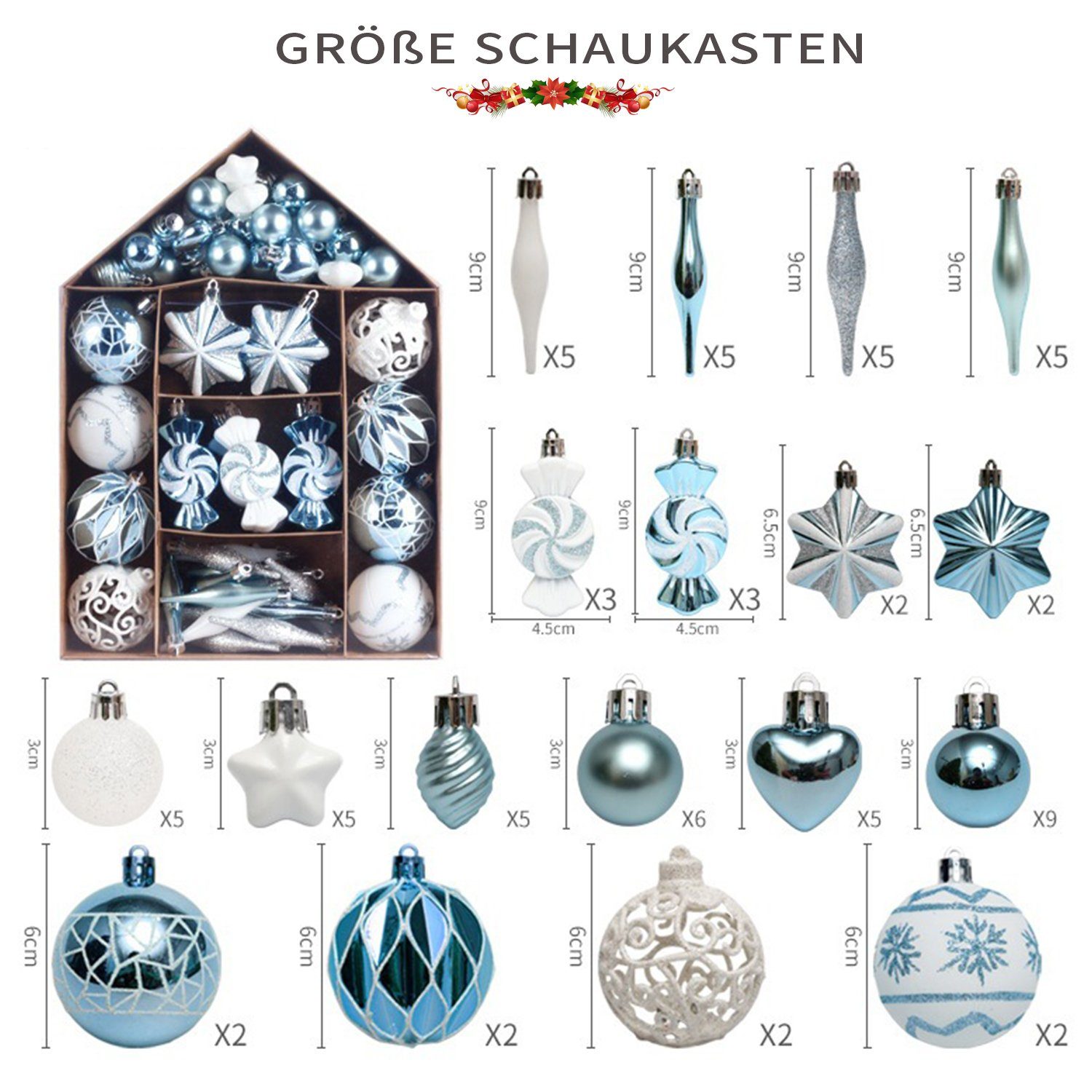 Weihnachtsbaumkugel Ornamente-Set MAGICSHE Weihnachtsdeko 73tlg Hellblau/Weiß