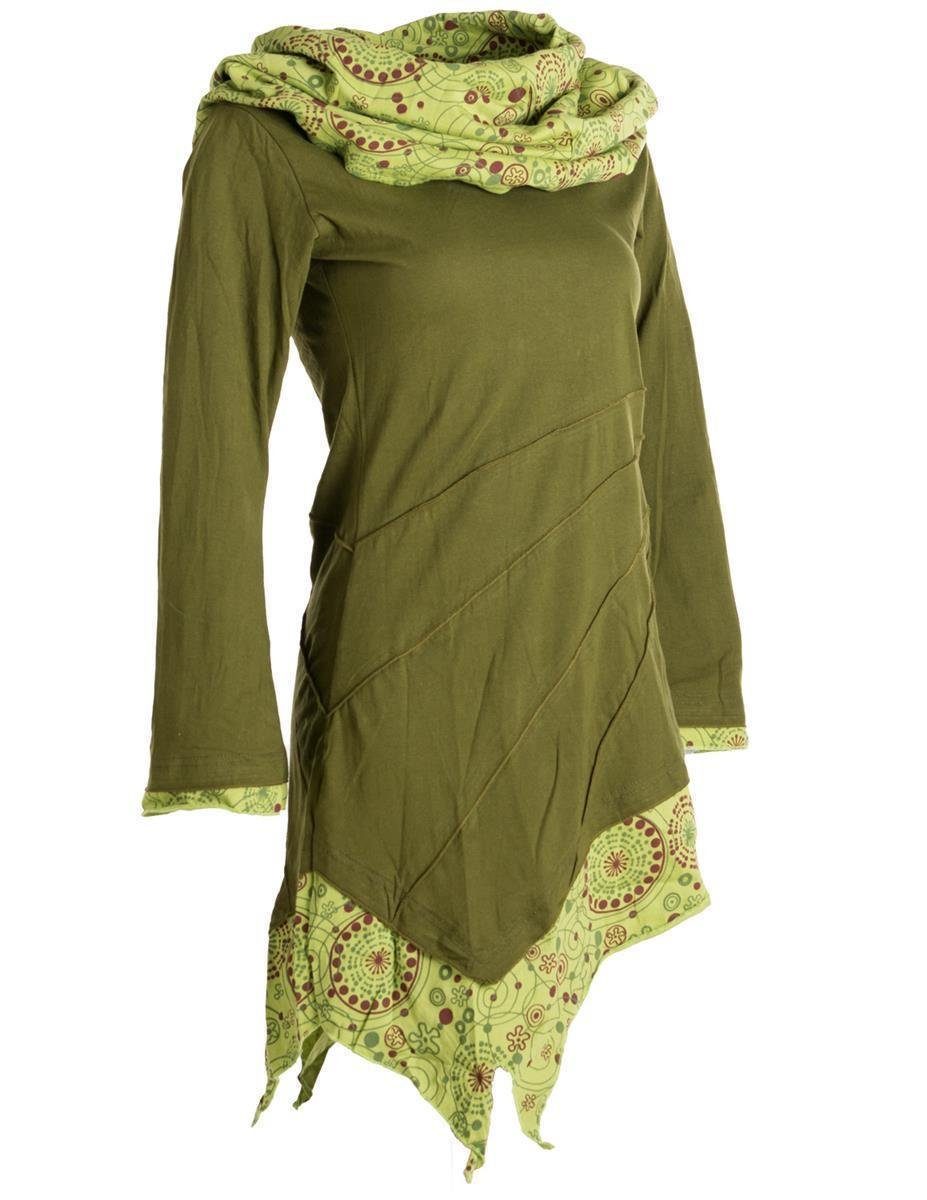 Ethno, aus Kleid Schalkragen mit Hippie, Goa, Asymmetrisches Jerseykleid Boho olive Vishes Style Baumwolle
