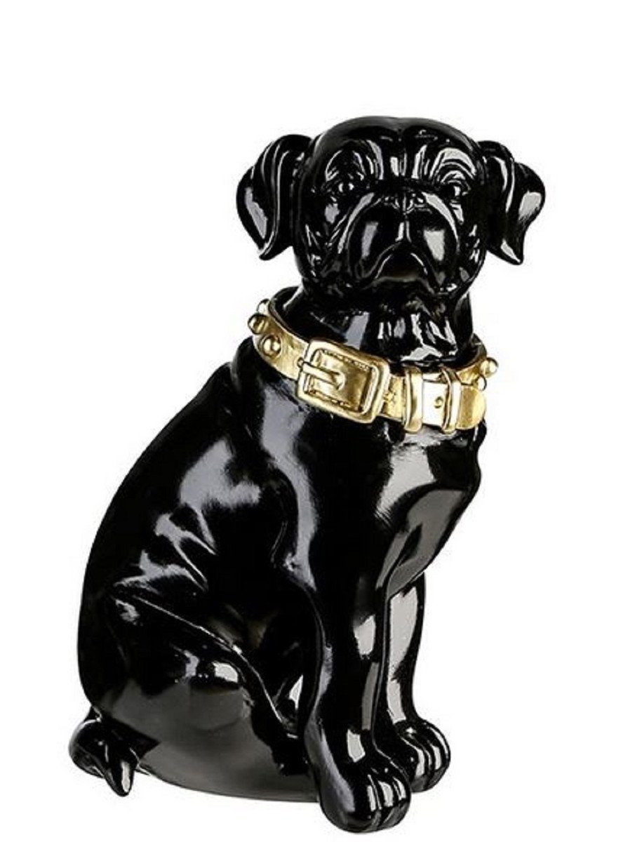 Casa Padrino Dekofigur Casa Padrino Dekofigur Hund mit Halsband Schwarz  glänzend / Gold 11 x 10 x H. 16 cm - Deko Accessoires