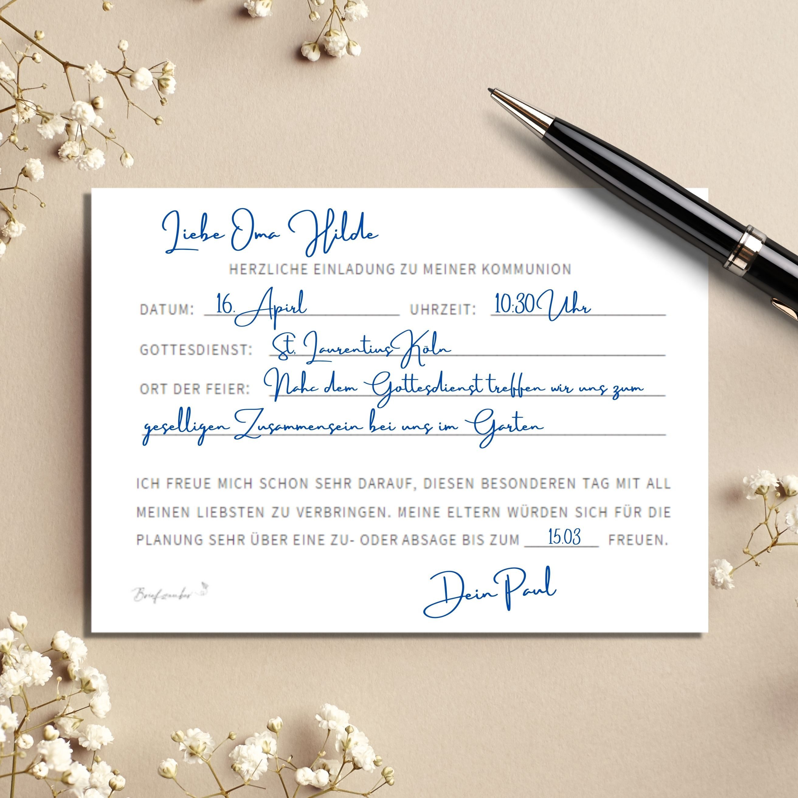 Briefzauber Einladungskarten 12x Einladungskarten Kommunion mit 12x Umschlägen & Einfüllhilfe