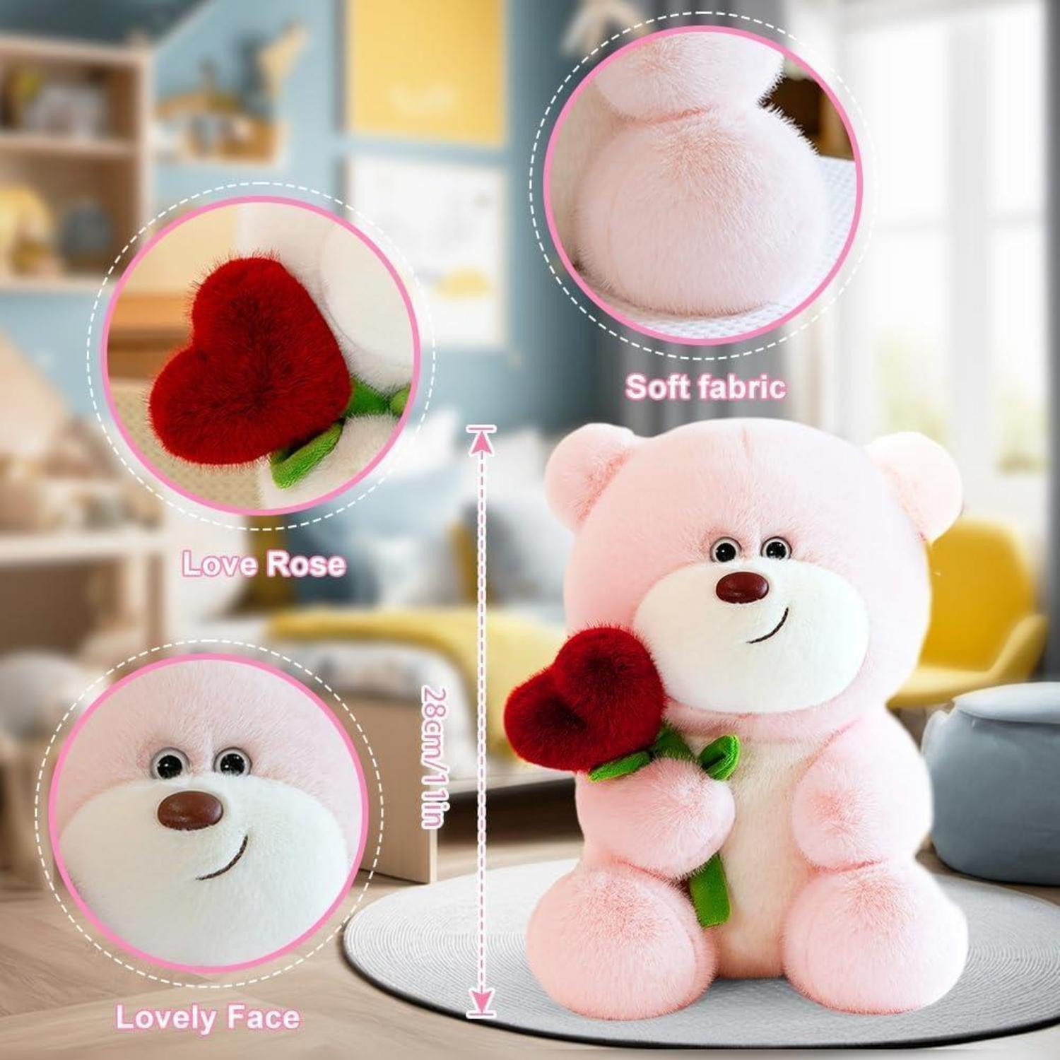 LuxusKollektion Kuscheltier Teddybär Plüschbär Herz Rose 28cm Kuscheltier Geschenk Rosa+herz Rose