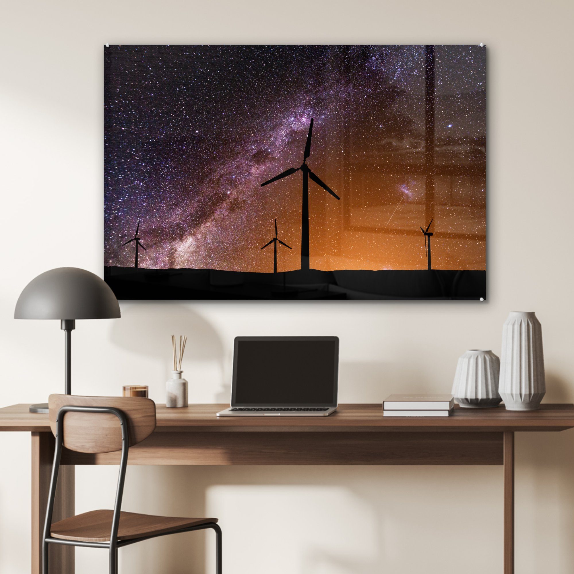 vor Acrylglasbild St), (1 Acrylglasbilder Schlafzimmer einem Wohnzimmer wunderschönen Windmühlen MuchoWow Sternenhimmel, &