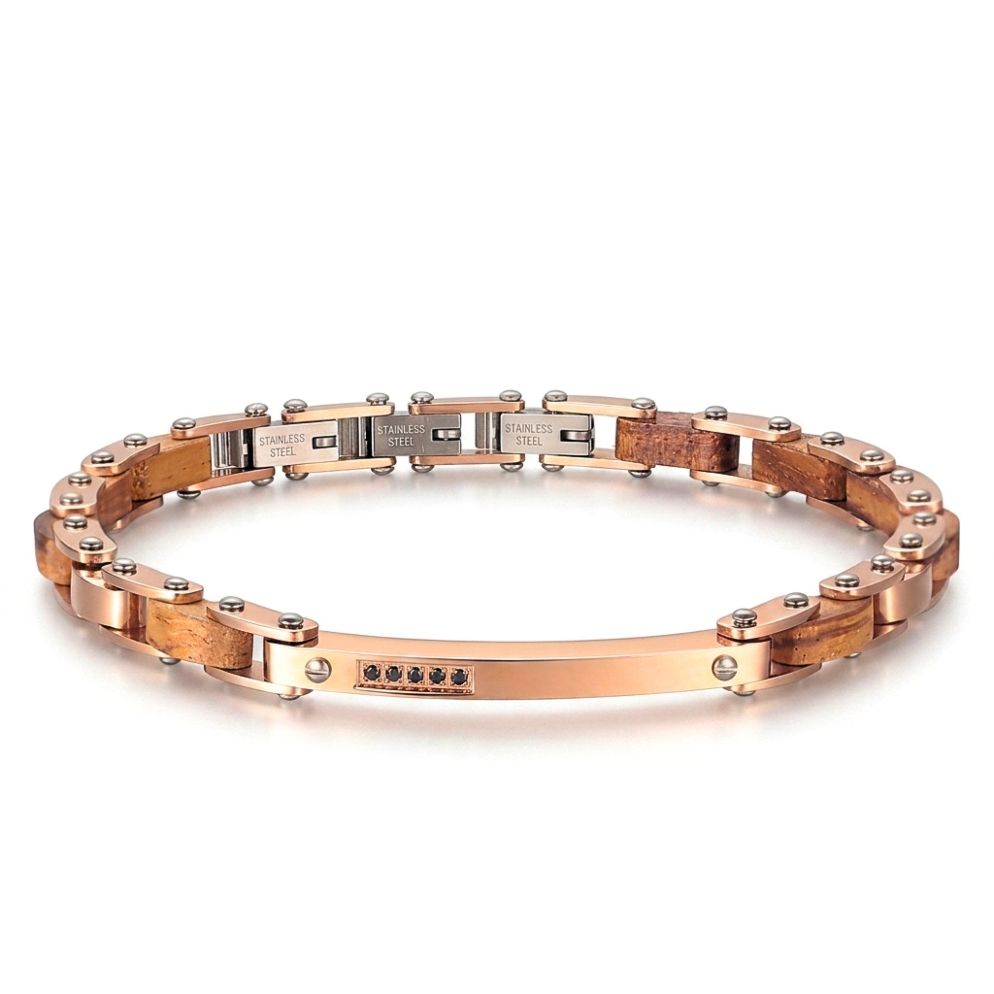 UNIQAL.de Edelstahlarmband CALDO HOLZ ROSEGOLD – Warme Holzstruktur mit feinem Goldglanz (harmonische Materialkomposition mit funkelndem Zirkonia-Finish, Handgefertigt in Deutschland · inkl. edler Schmuckverpackung), Einzigartige Holzmaserung · Hautfreundlich · Flexibel verstellbar