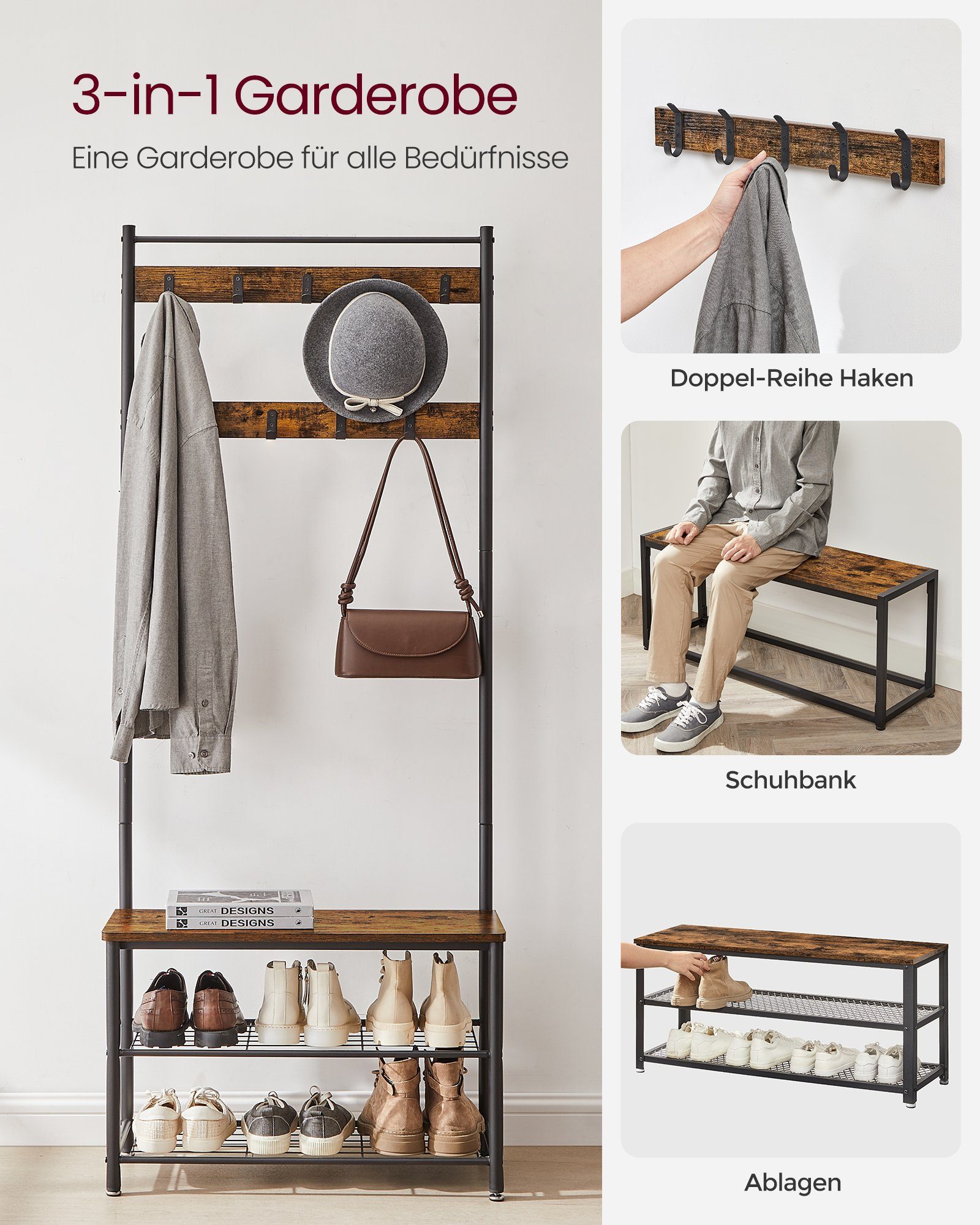 VASAGLE Garderobenständer Garderobe, Kleiderständer, mit Schuhbank, 3-in-1 Design, Stahl, 32 x 70 x 175 cm