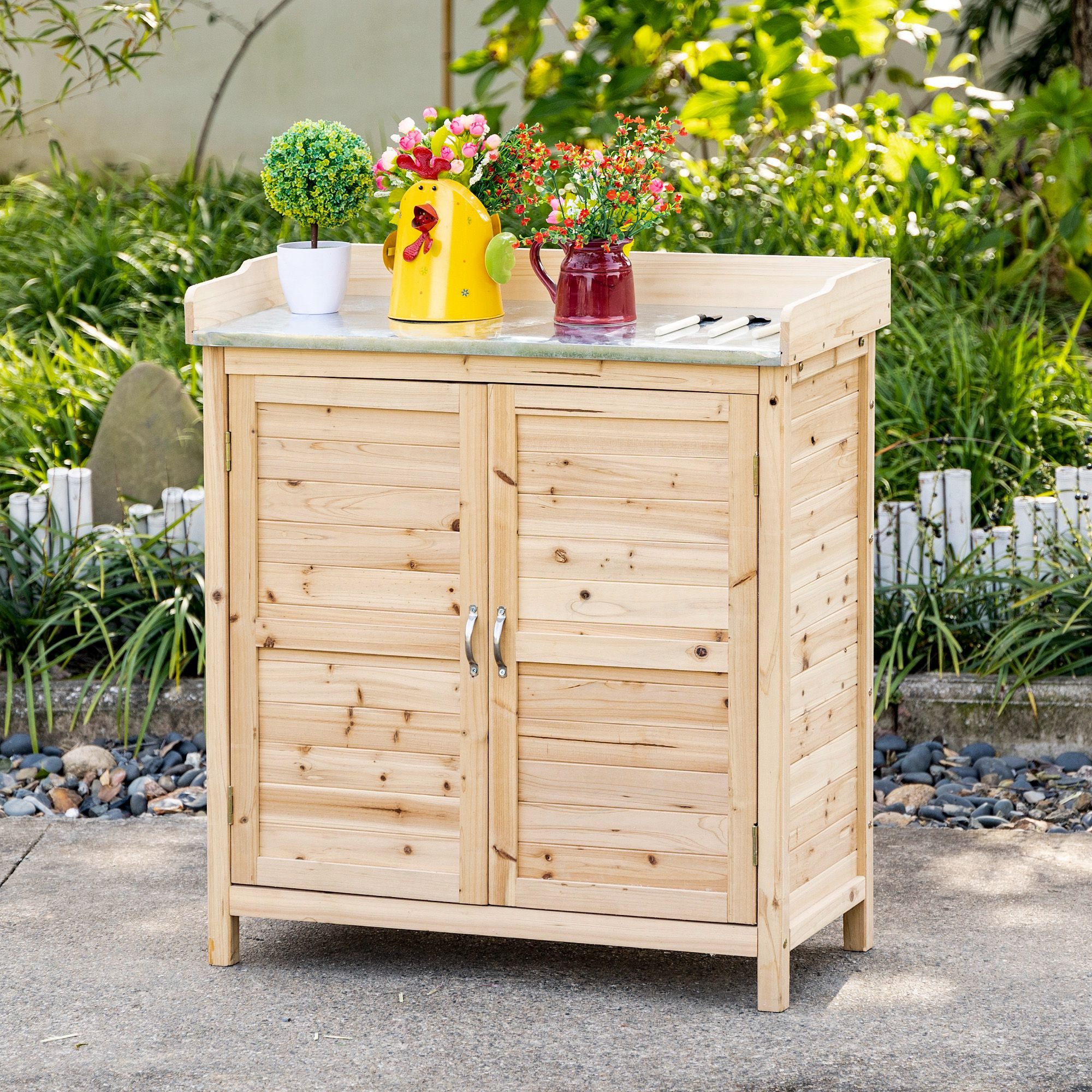 Outsunny Geräteschrank Geräteschuppen mit 2 Regalböden, Werkzeugschrank, wetterfest (Outdoor Gartenschrank, 1-St., Pflanztisch mit Unterschrank) für Garten Balkon Terrasse 83 x 40 x 92cm Naturholz