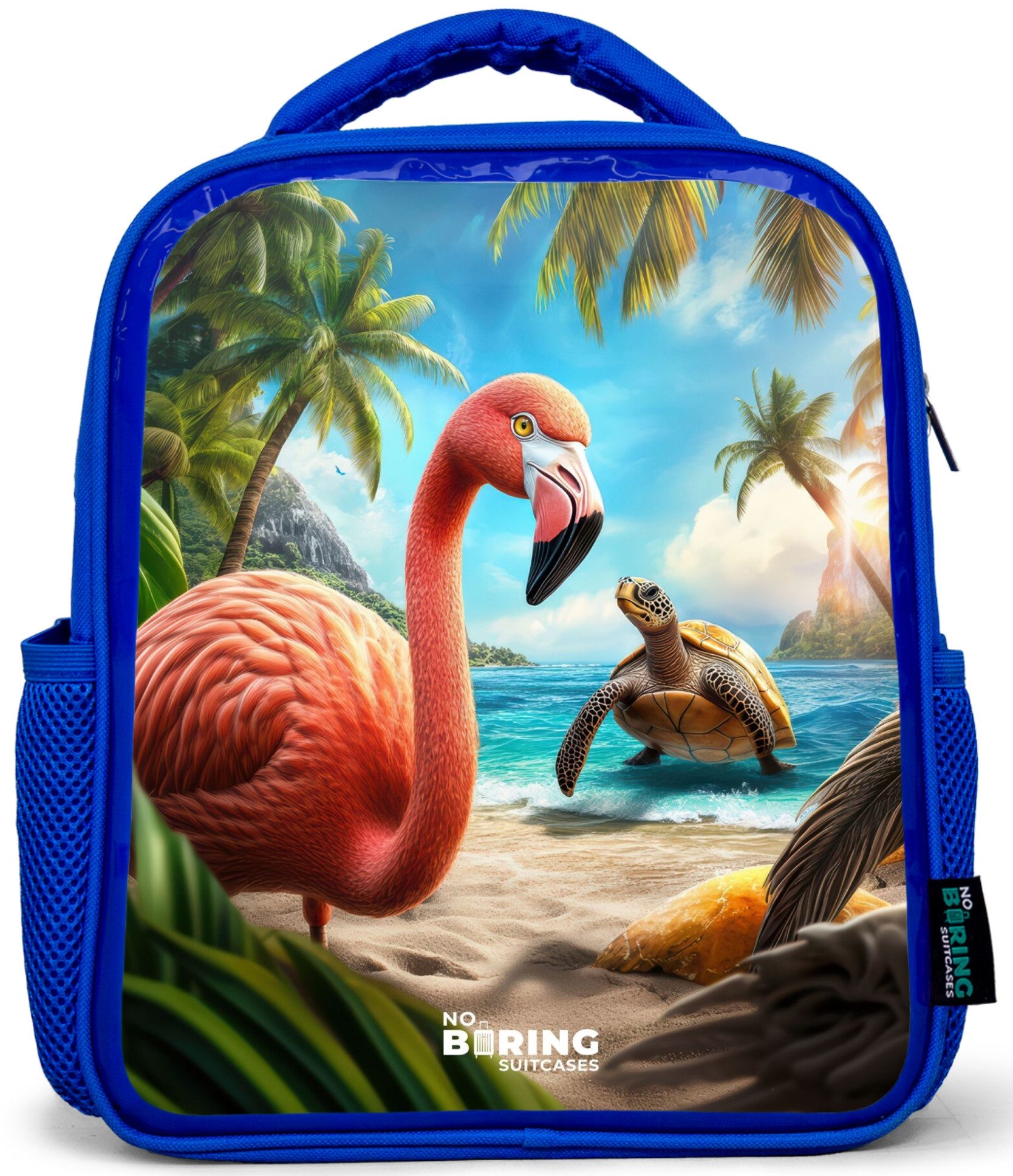 Rucksack Blau - Flamingo und Schildkröte am tropischen Strand