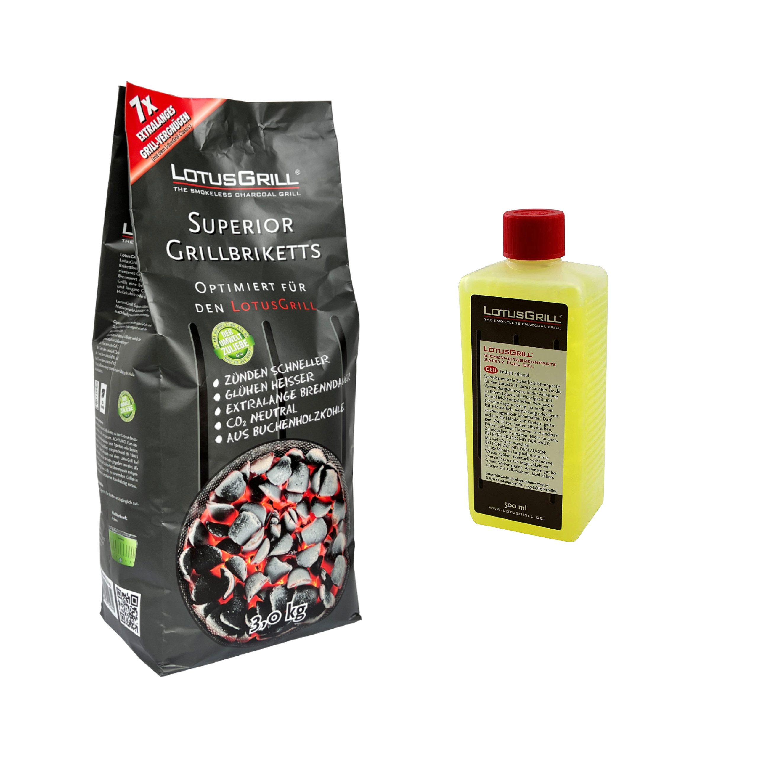 LotusGrill Grillbriketts Superior Grill Briketts+500ml Brennpaste,lange Brenndauer,CO2 neutral