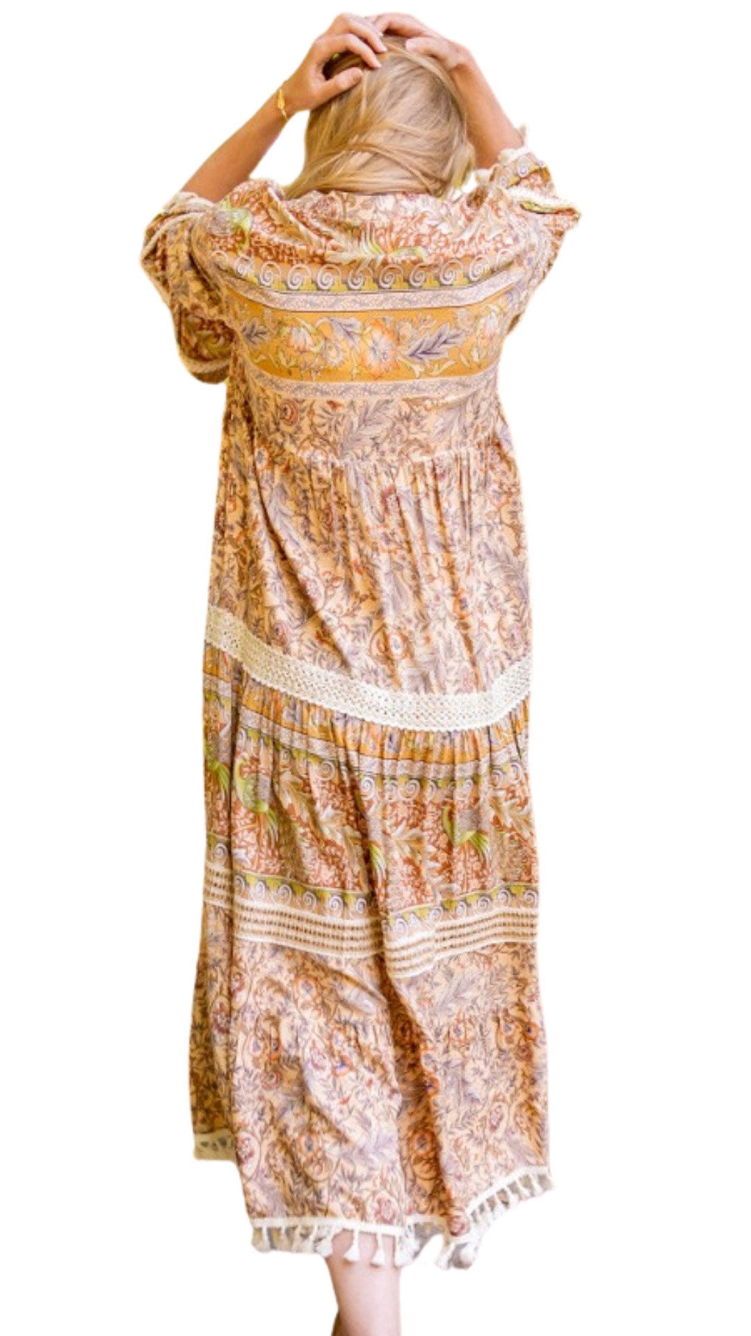 Charis Moda Sommerkleid Langes Kleid im Bohème-Print mit Pompons und Spitze günstig online kaufen