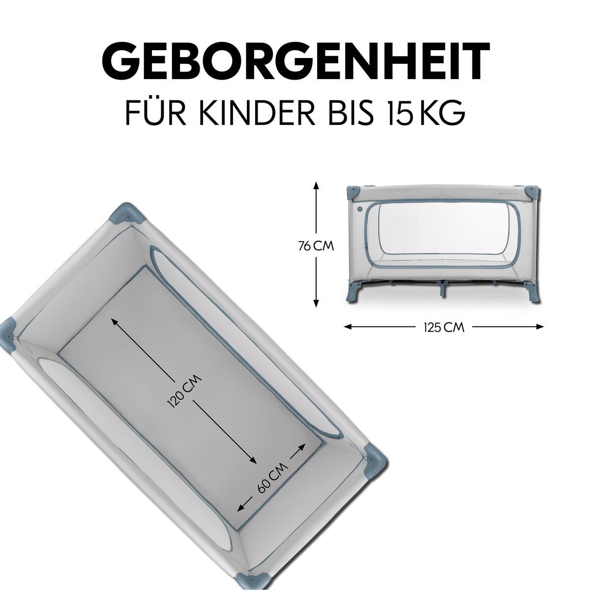 Hauck Baby-Reisebett Dream N Play Plus Set - Dusty Blue, Baby Kinderreisebett mit großem Eingang, Matratze & Spielzelt faltbar