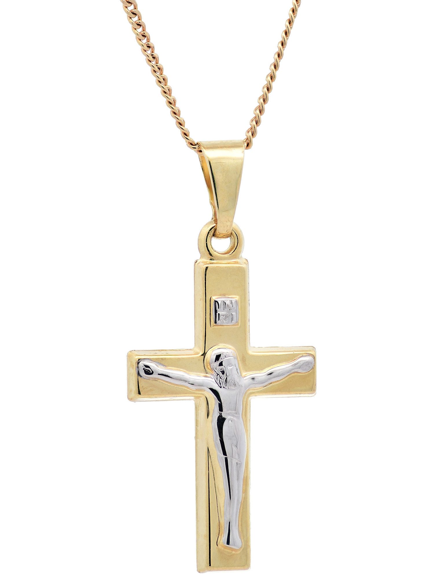 Kreuzanhänger Anhänger Kreuz Korpus 333 Gold mit vergoldeter Silberkette 36 cm