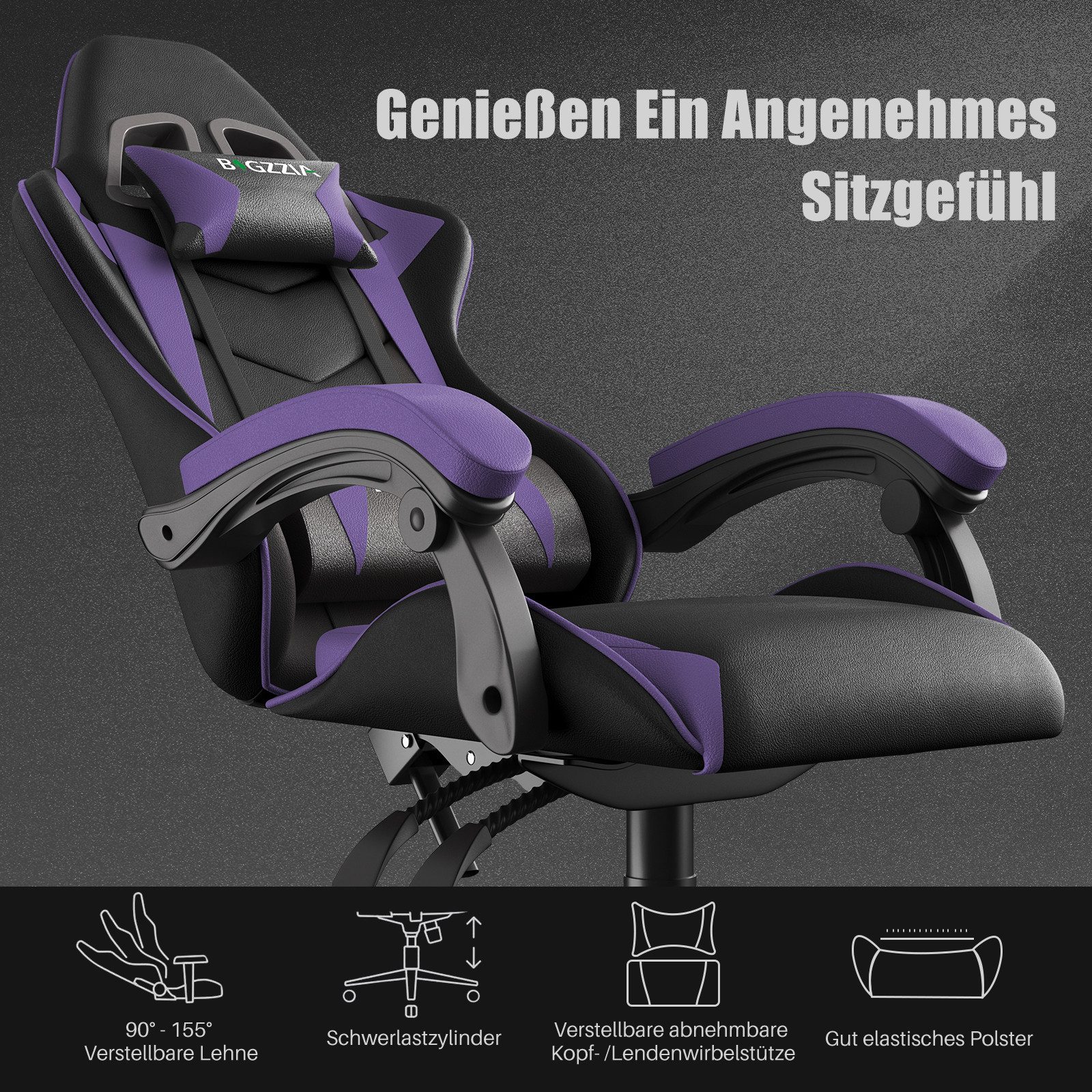 Gywowken Gaming-Stuhl Gaming Stuhl Ergonomisch - Gamer Stühle mit Lendenkissen, Gaming Chair Höhenverstellbar - 90-135° Rückenlehne