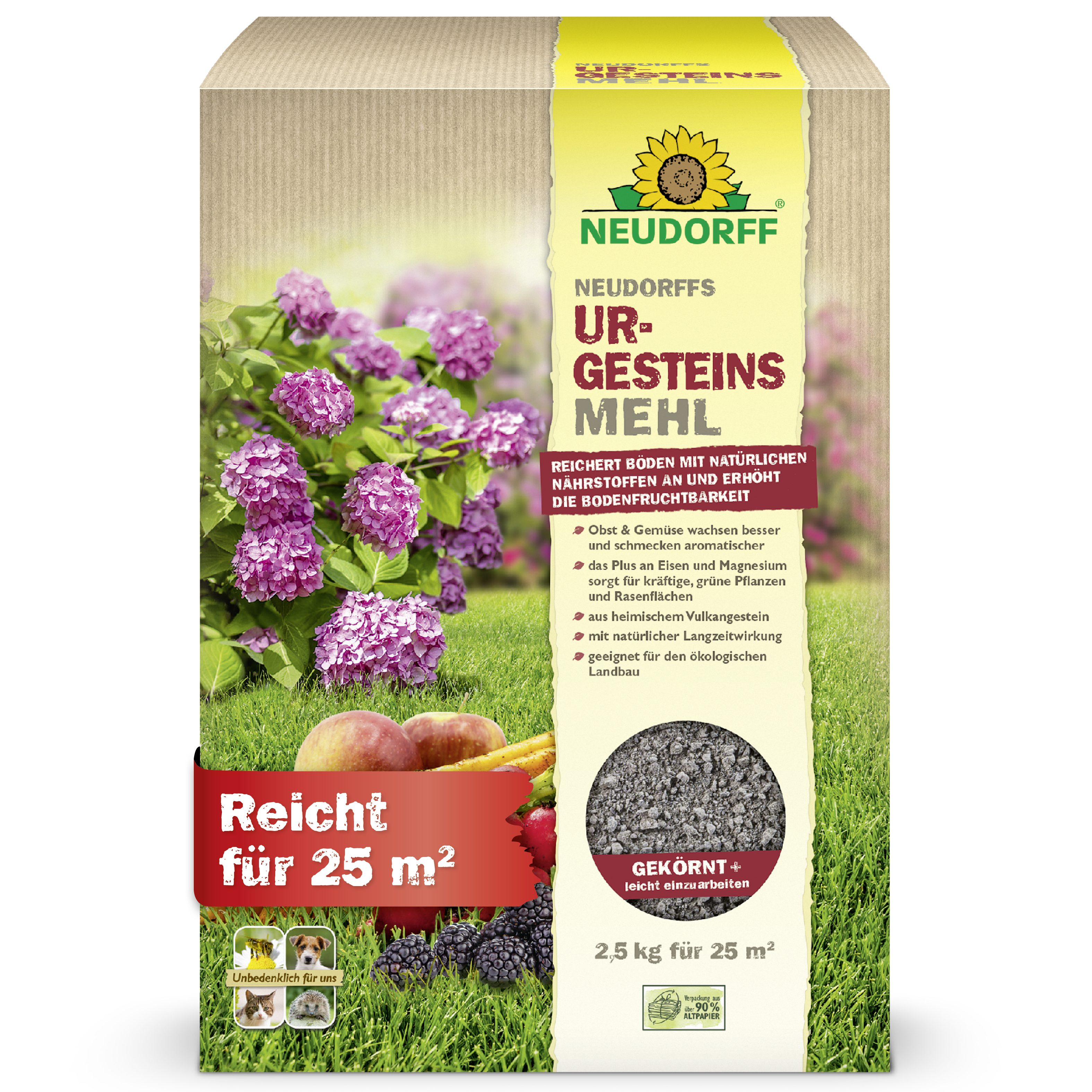 Neudorff Bodenverbesserer UrgesteinsMehl 2,5 kg, Zur Remineralisierung und Verbesserung ausgelaugter Böden, Bodenhilfsstoff für Boden, Pflanzen, Rasen & Kompost bis 25 m², Füllt den Mineralstoff- & Spurenelementespeicher des Bodens auf