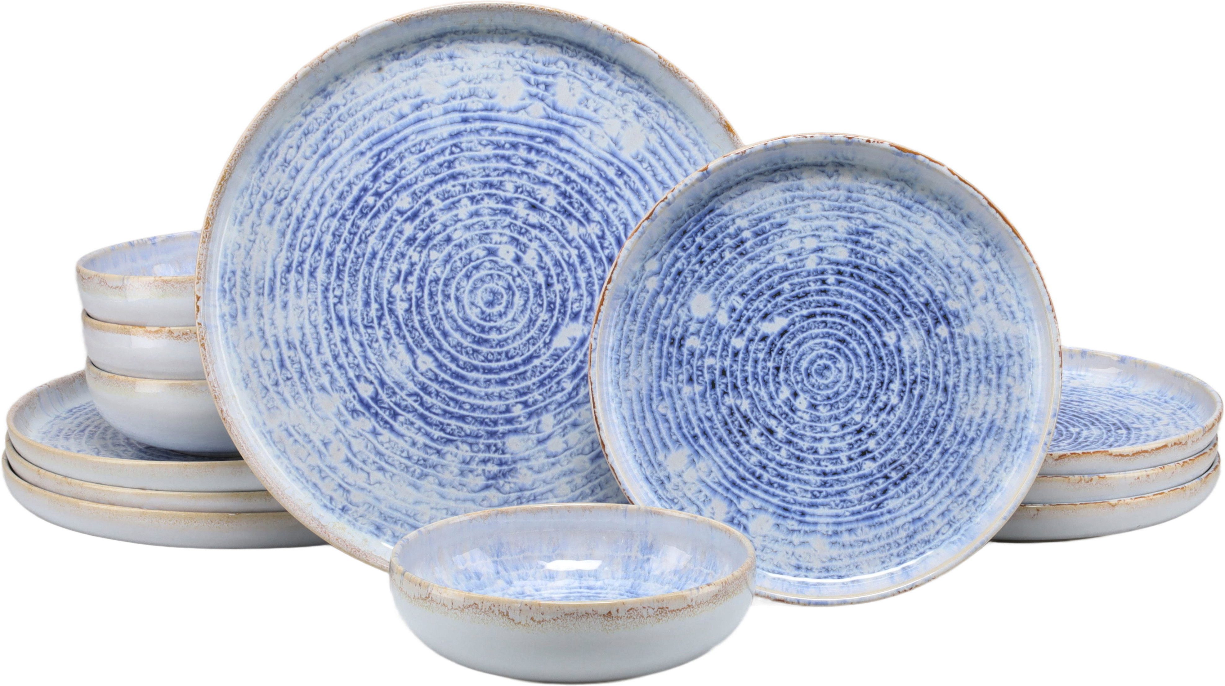 CreaTable Teller-Set Uno Mykonos glänzend, Geschirr-Set, 12-tlg. (12-tlg), 4 Personen, Steinzeug, Modernes Spiraldekor, Reaktivglasur