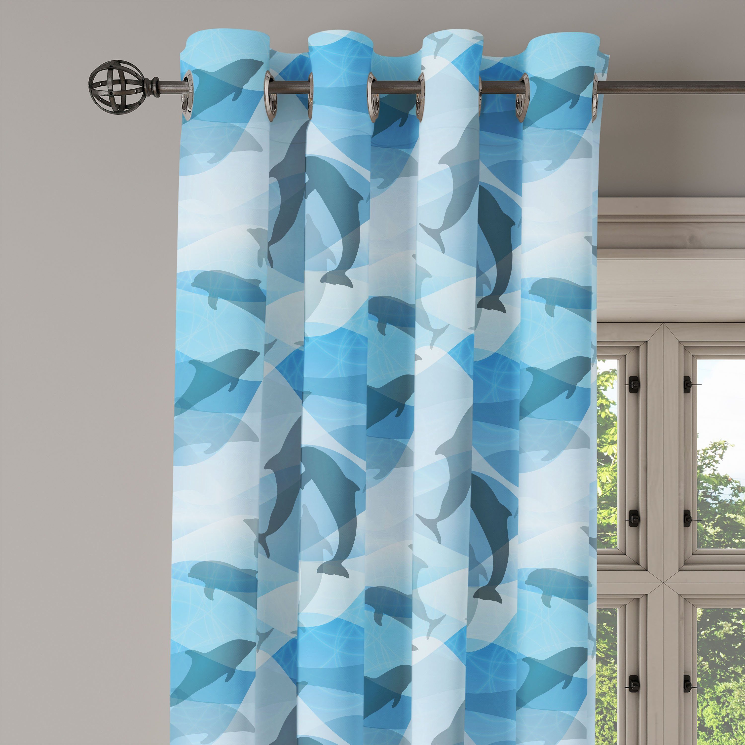 Gardine Schlafzimmer 2-Panel-Fenstervorhänge Delphin Abakuhaus, Unterwasser-Fisch-Muster für Dekorative Wohnzimmer,