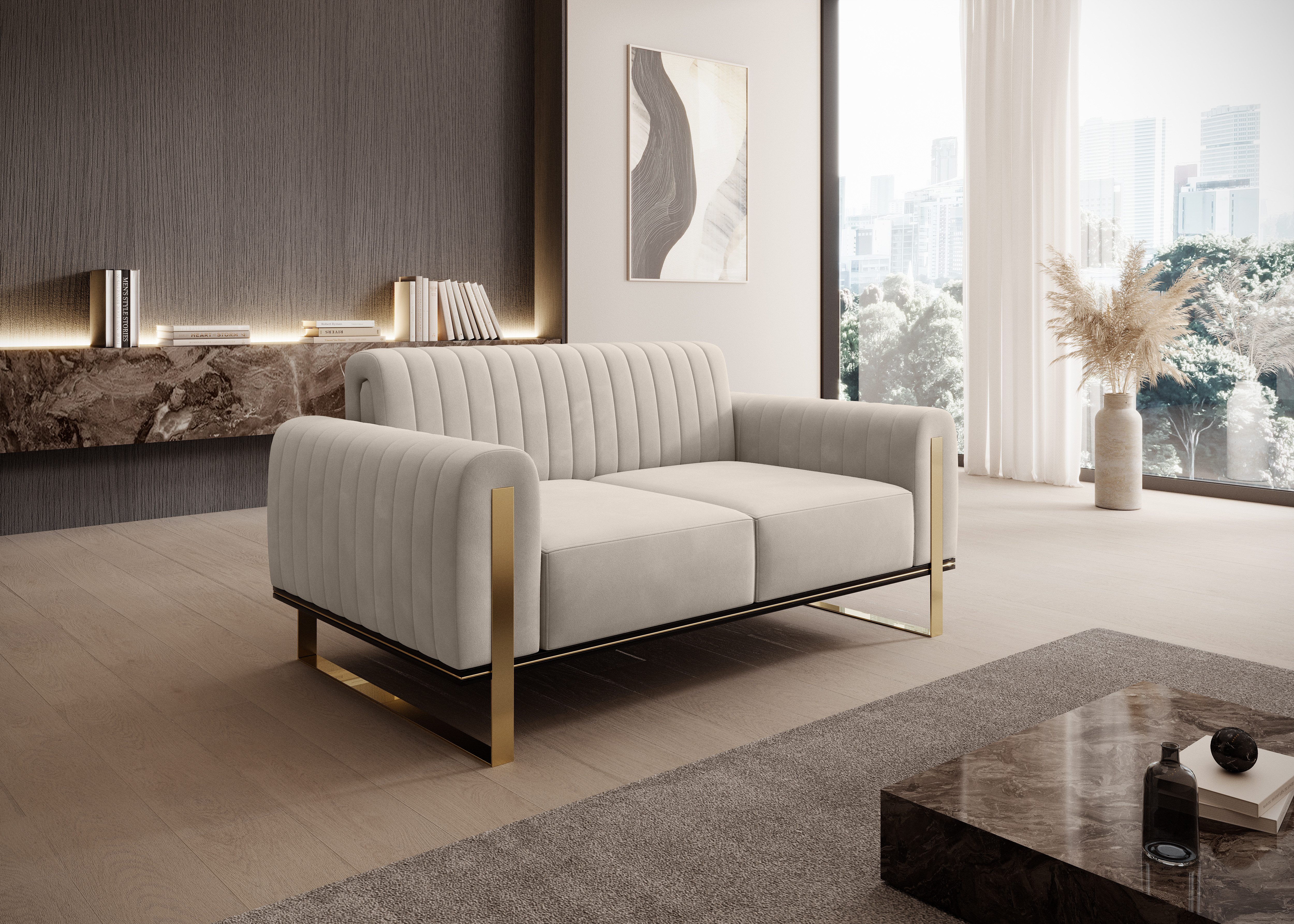yourhouse24 2-Sitzer Sofa Designersofa Vamos in Samt, Samt-Optik, Metallgestell, Glamour-Stil, Kompakte Maße