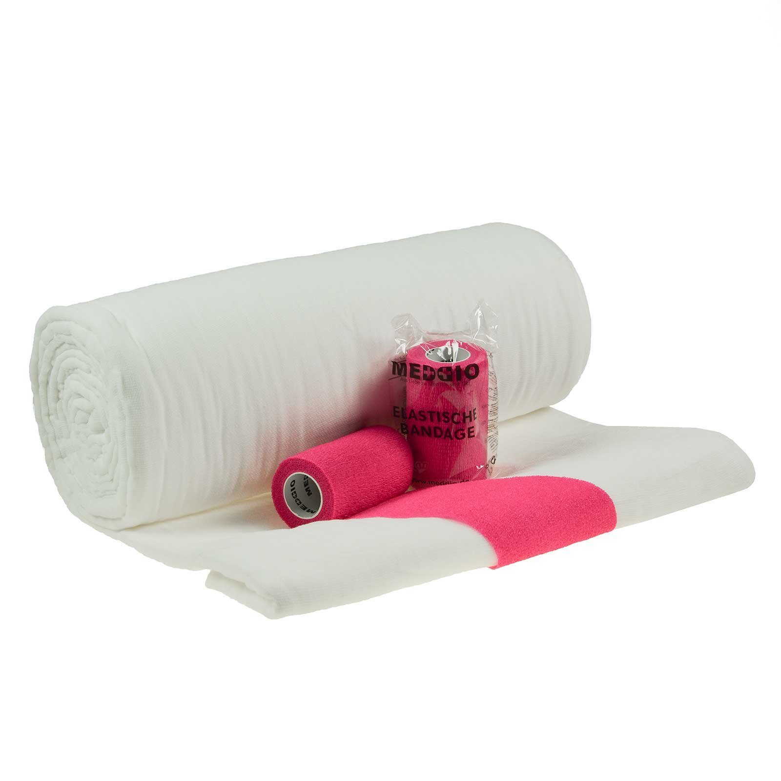 meDDio Pferdebandage Sparpaket Mullwatterolle 40cm + 12 Haftbandagen 10cm neonpink