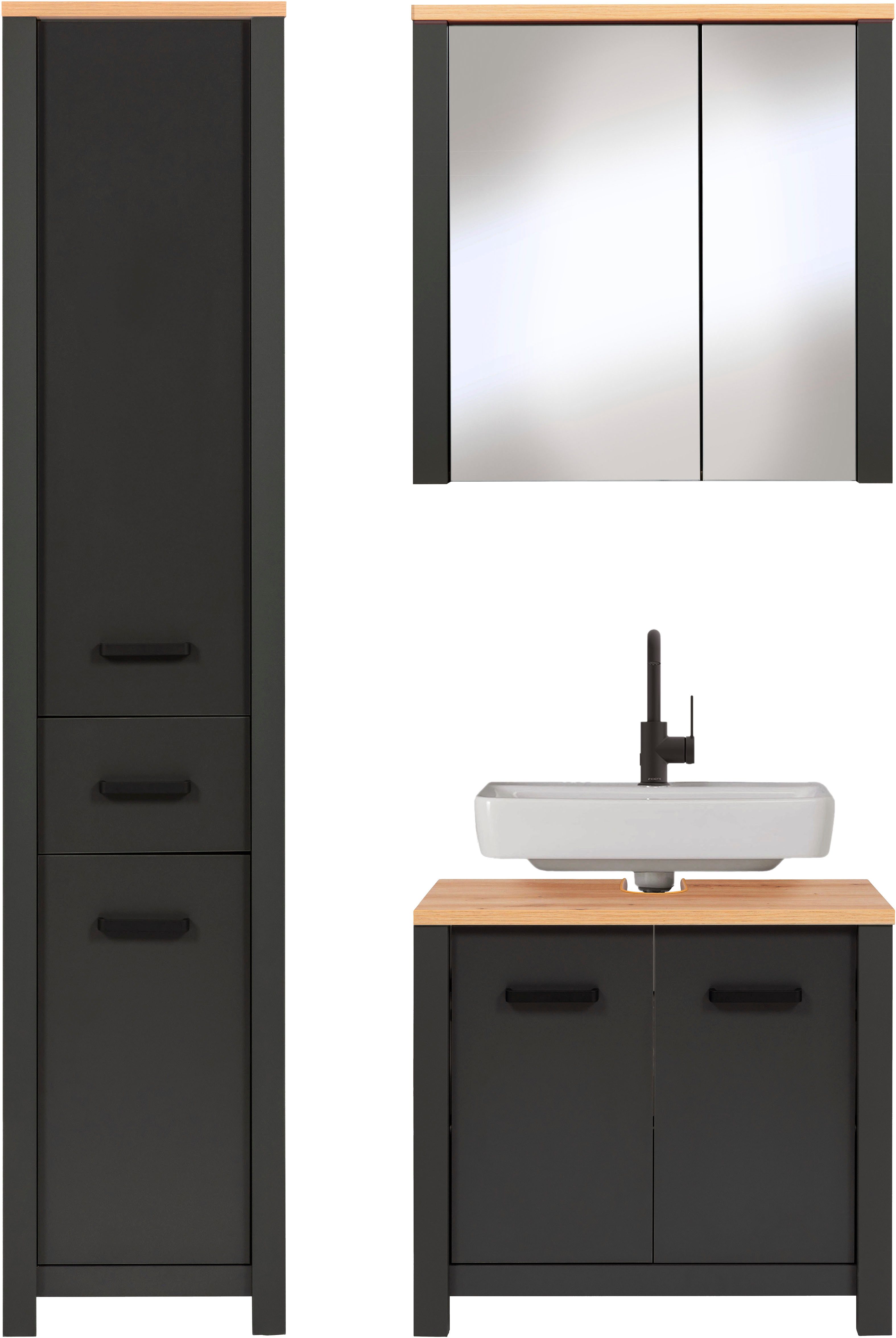 Inter Link Badmöbel-Set Pienza, 3-tlg. Badmöbel-Set mit Stauraum in Anthrazit/Eiche-Optik, (3-St), Badezimmermöbel mit Waschbeckenunterschrank, Spiegel & Hochschrank
