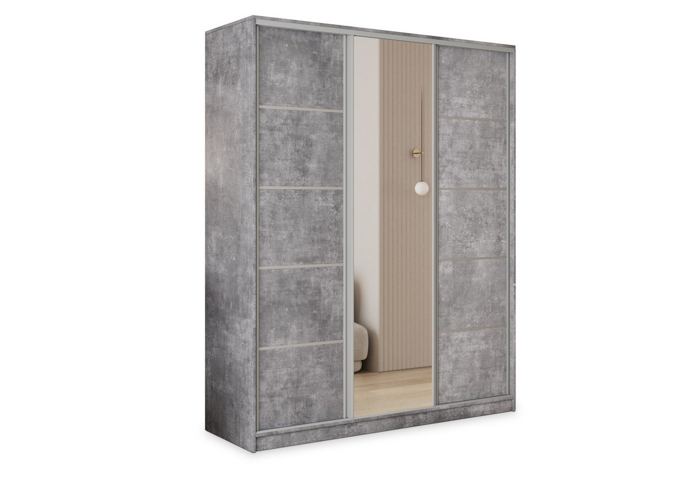 Masseno Schwebetürenschrank PINA 150 cm Kleiderschrank mit Spiegel 3 Türen und 4 Schubladen Beton