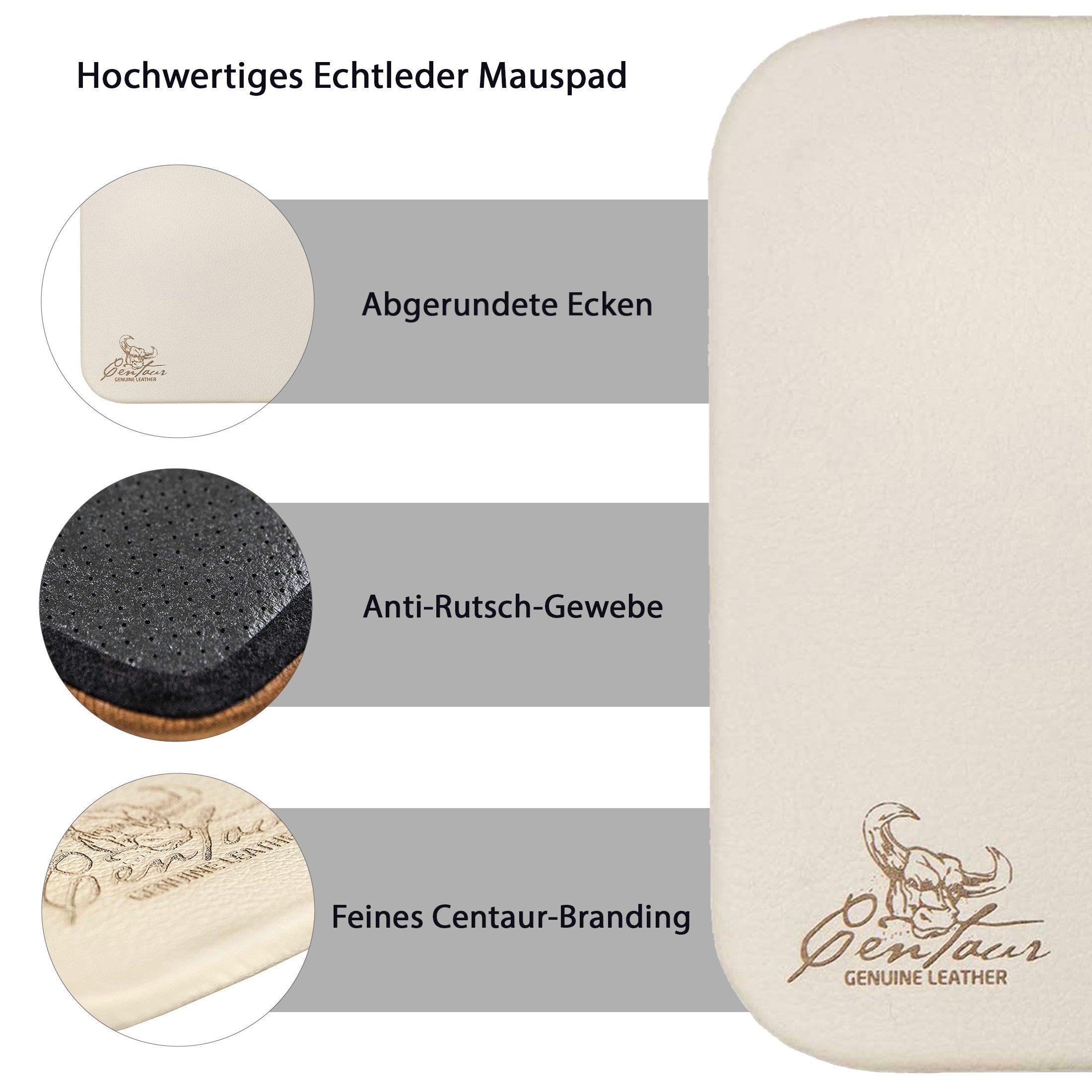 Centaur Mauspad aus echtem Leder 25x18cm Mauspad (1-St., Champagner), Hochwertiges Leder, echtes Rindleder, Antirutschfunktion, Handarbeit