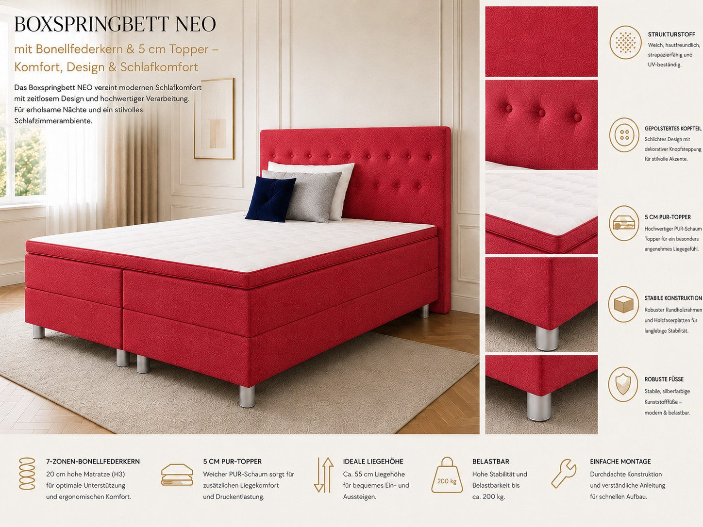 Best for Home Boxspringbett NEO mit Bonellfederkern & 5 cm Topper – Komfort & Design (Boxspringbett-Set, 6-St., 90x200 100x200 120x200 140x200 160x200 180x200 200x200 cm), Handwerksqualität, TOP- Preis-Leistungs-Verhältnis