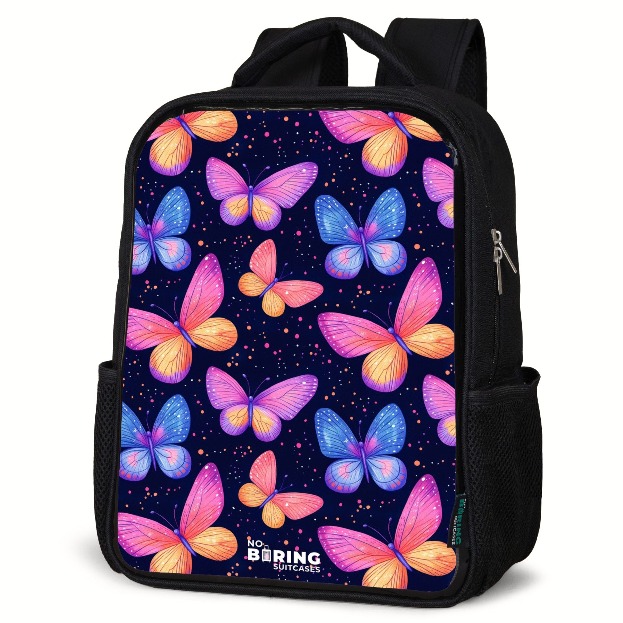 NoBoringSuitcases.com© Rucksack Bunte Schmetterlinge in Rosa und Blau, Kinderrucksack Schwarz, Schulrucksack, Freizeitrucksack Jungen Mädchen