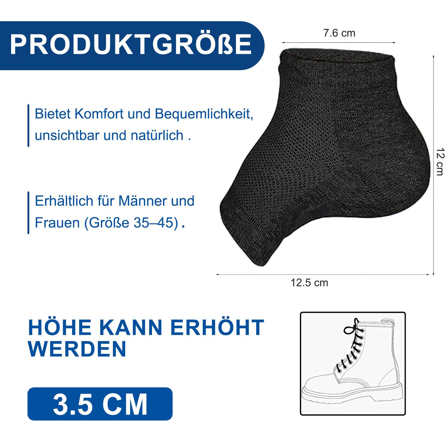 HEYHIPPO Fersenpolster Fersen-Innensocken mit 3,5 cm Erhöhung, unsichtbare Gel-Schuheinlagen (Ein Paar Einlegesohlen zur Erhöhung der Körpergröße, Absatzerhöhende Einlegesohle,halb gepolstert,atmungsaktiv,stoßdämpfend), Komfort Fersen-Innensocken, rutschfeste Erhöhung für Damen & Herren