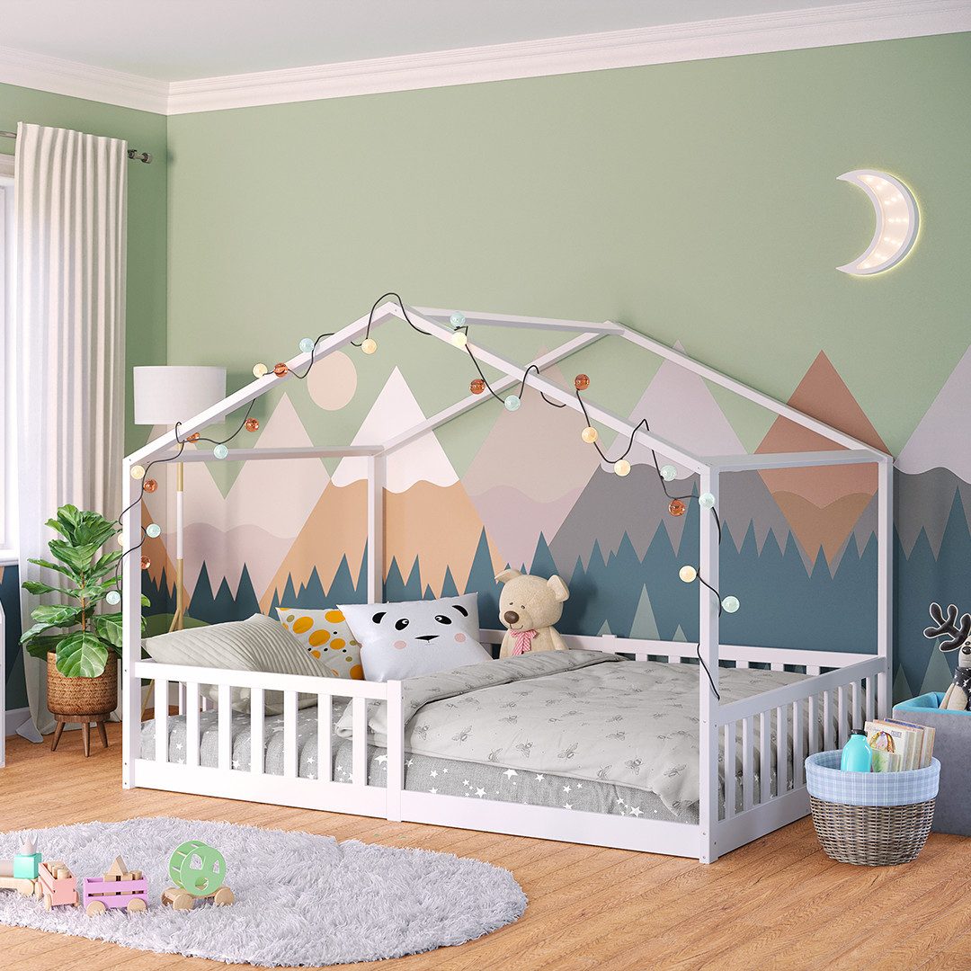 Bellabino Hausbett Kinderbett Bia mit Lattenrost (weiß, optional mit Matratze), Bodenbett mit Rausfallschutz, verfügbar in 80x160 & 90/120/140x200 cm