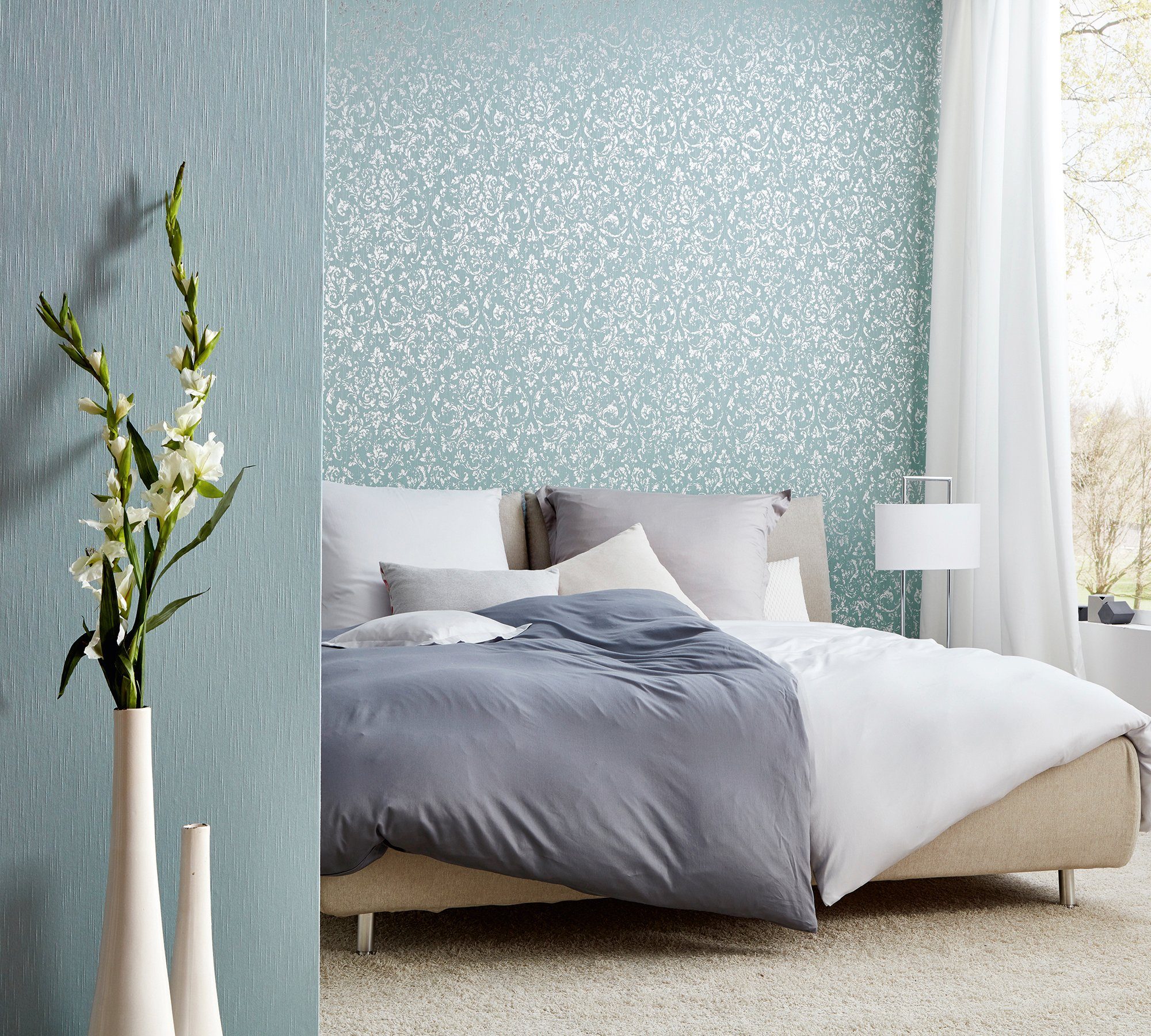 Architects Paper Textiltapete matt, glänzend, Silk, Barock Ornament Barock, blau/grün Metallic Tapete samtig