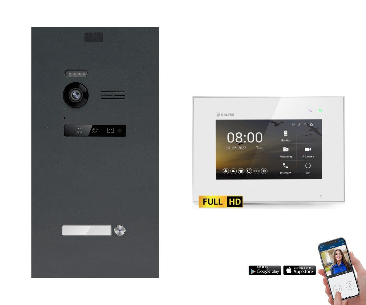 Balter Video-Türsprechanlage EVO-HD Komplettsystem 1-Familie Anthrazit 1x 7" WLAN Monitor Weiß (Set, 1-Familienhaus, Komplettset, FullHD Kamera, mit App)