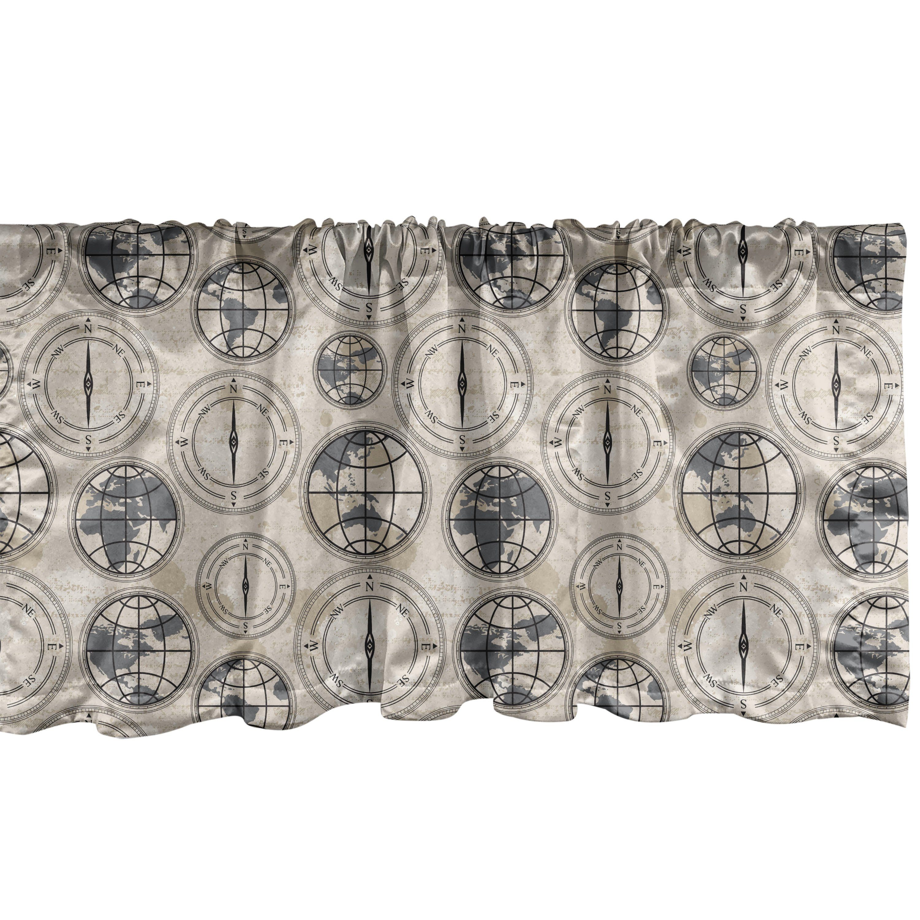 Scheibengardine Vorhang Volant für Küche Schlafzimmer Dekor mit Stangentasche, Abakuhaus, Microfaser, Kompass Kontinente Muster