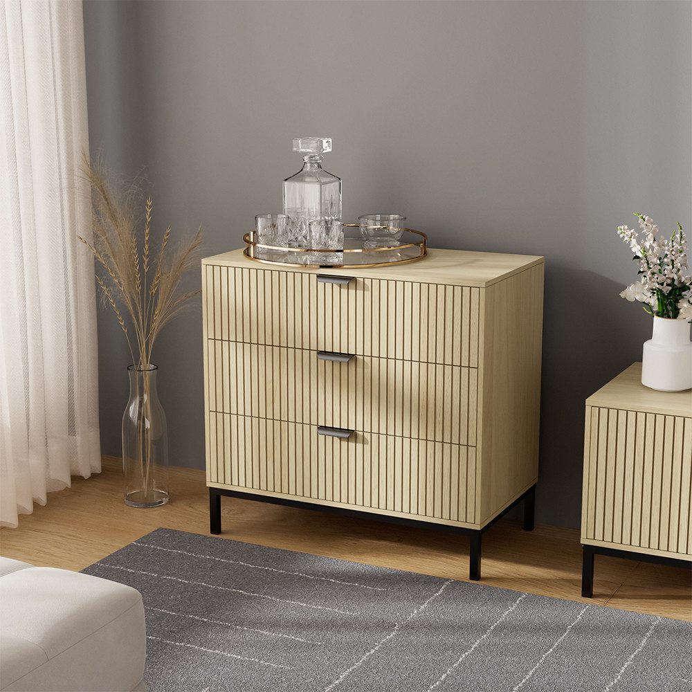 Vicco Kommode Lennox, Eiche/Schwarz, 72 x 69 cm mit 3 Schubladen (1 St)