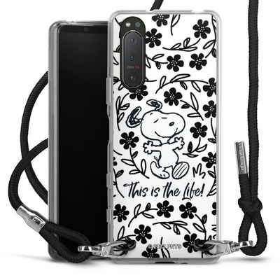 DeinDesign Handyhülle Peanuts Blumen Snoopy Snoopy Black and White This Is The Life, Sony Xperia 5 II Handykette Hülle mit Band Case zum Umhängen