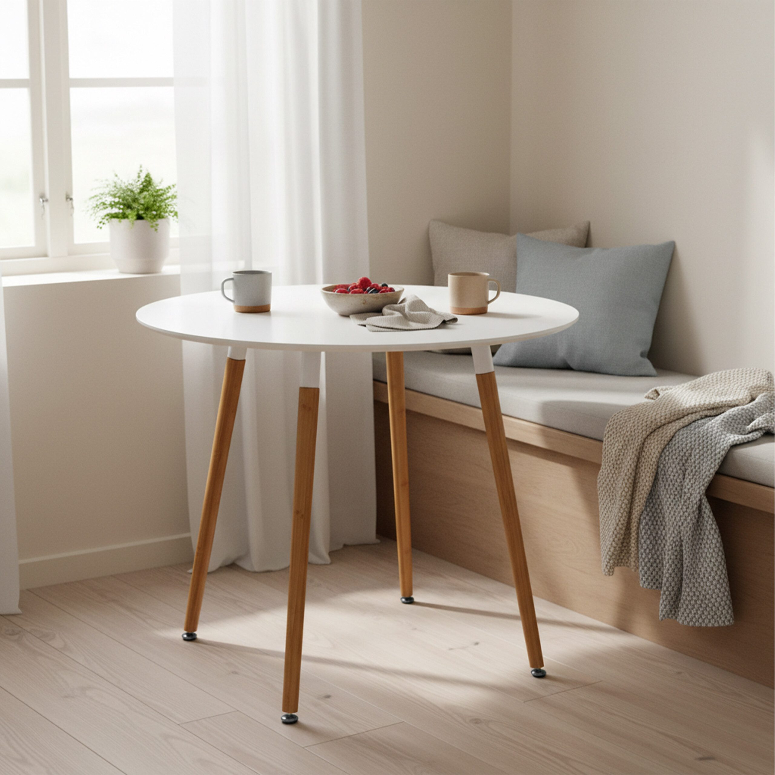 relaxdays Esstisch Runder Esstisch mit Bambusbeinen, weiß, 90 cm