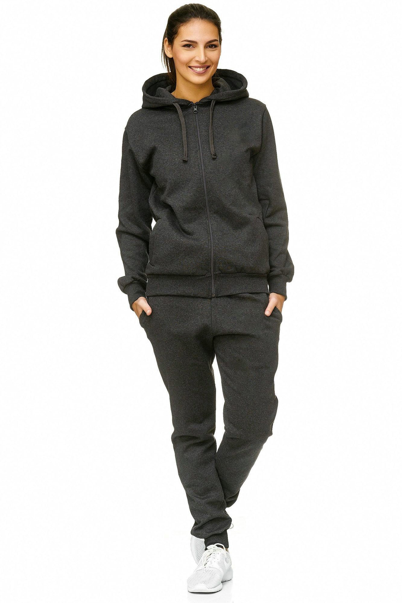 L.gonline Freizeitanzug Damen Jogginganzug, Freizeitanzug, Hausanzug 586 (Kapuzenjacke mit Reißverschluss, Hose, 2-tlg), Fitness Freizeit Casual