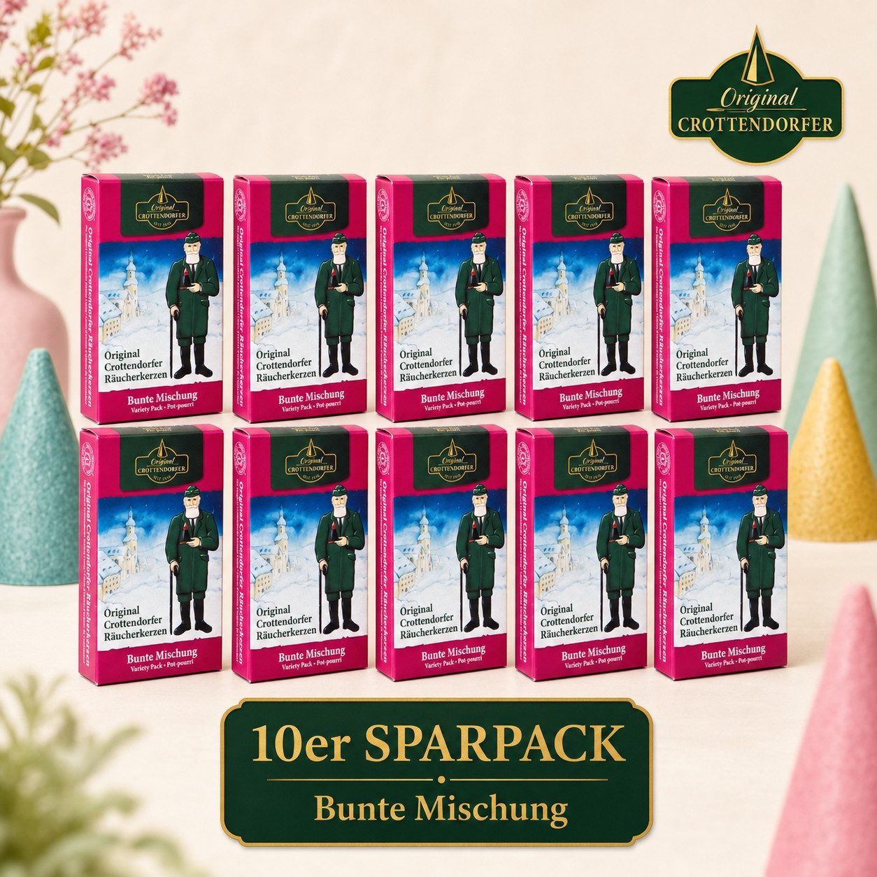 Crottendorfer Räucherkegel Crottendorfer Räucherkerzen 10er-Pack Bunte Mischung (Packung, 10-St., Vorteilspack), 100% Made in Germany