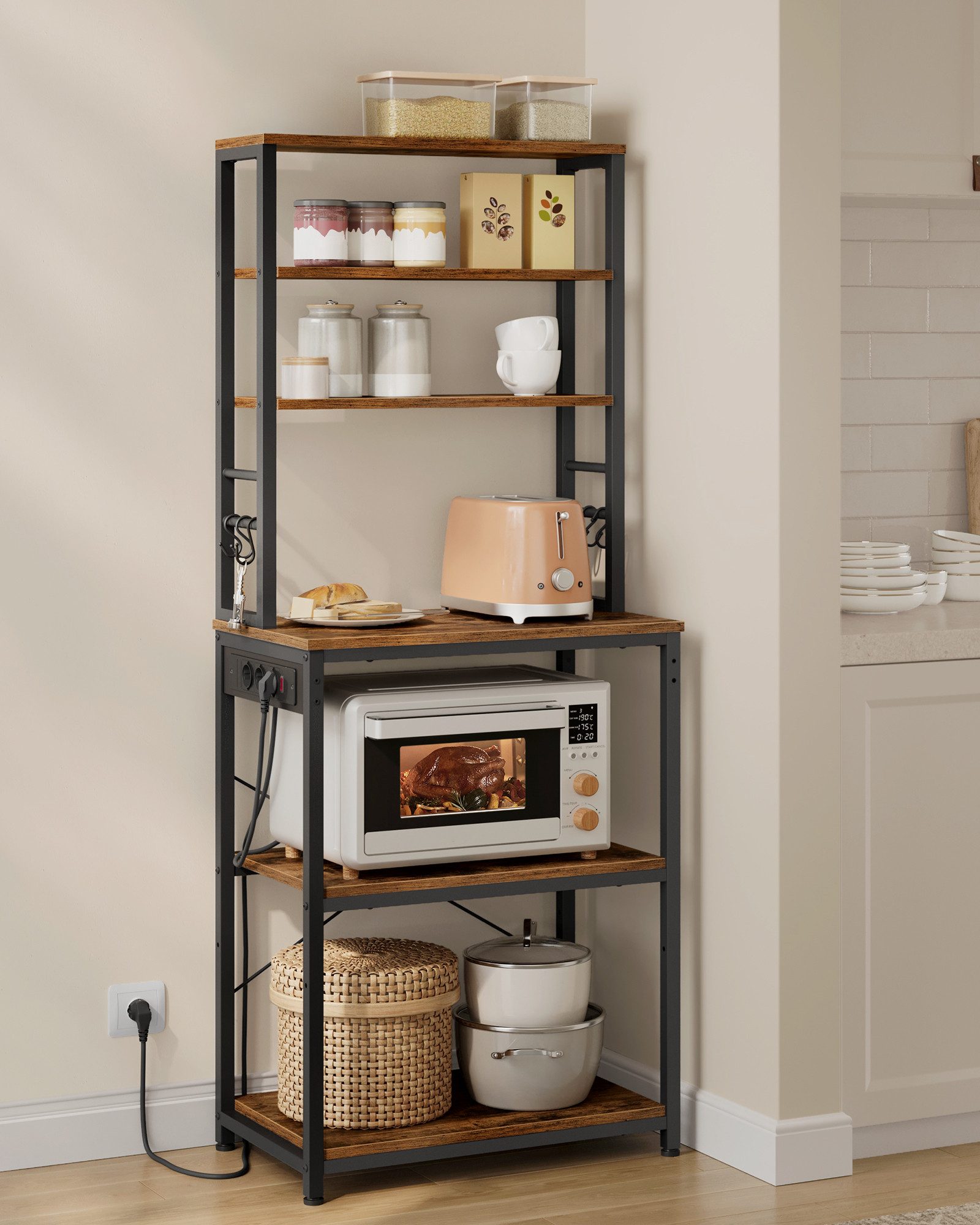 VASAGLE Standregal, mit Steckdosen und 6 Haken, für Mikrowelle, Stahlrahmen günstig online kaufen