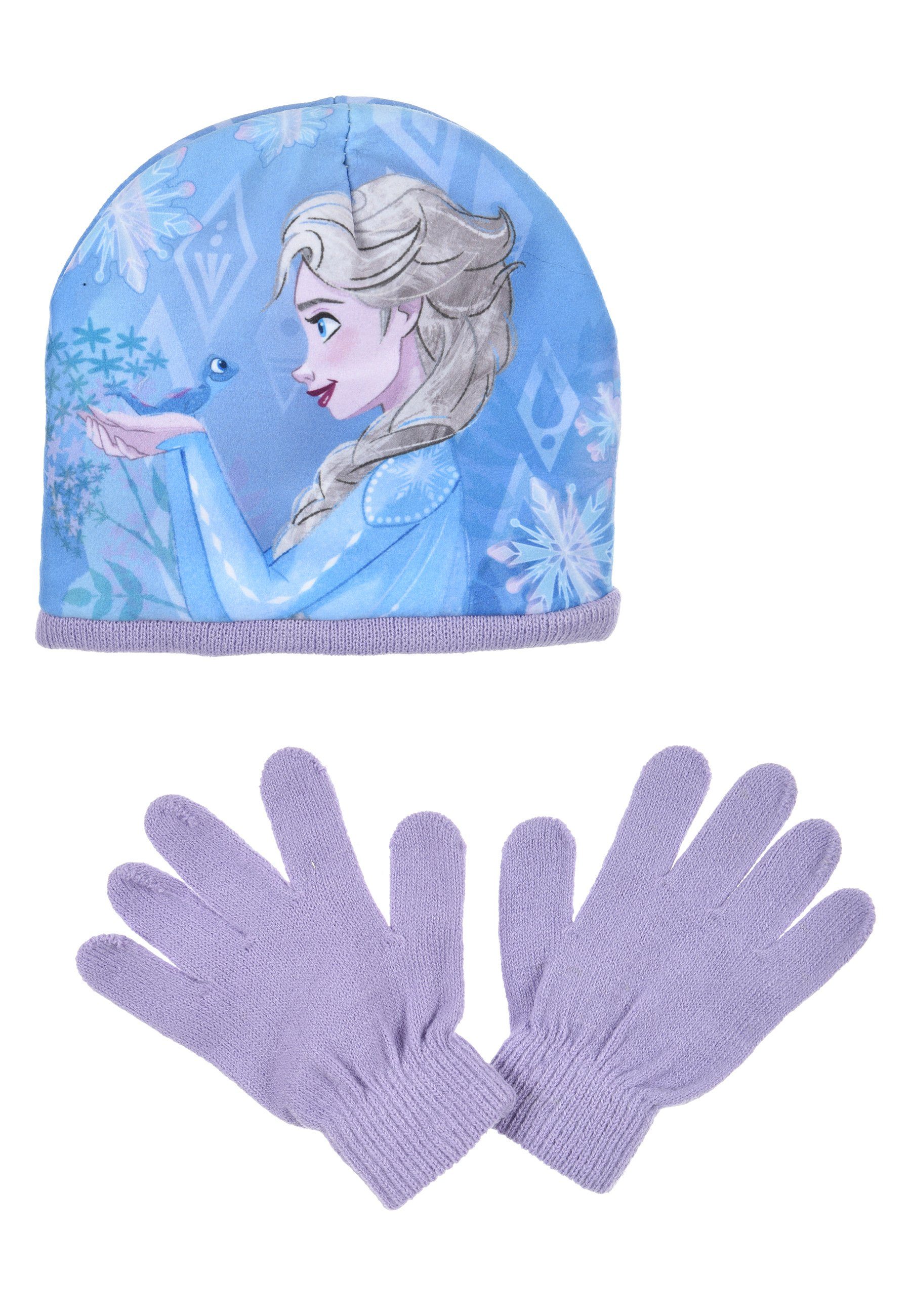 & (SET) Mütze 2 Disney Lila Frozen tlg. Handschuhe Beanie Kinder Mädchen Winter-Set