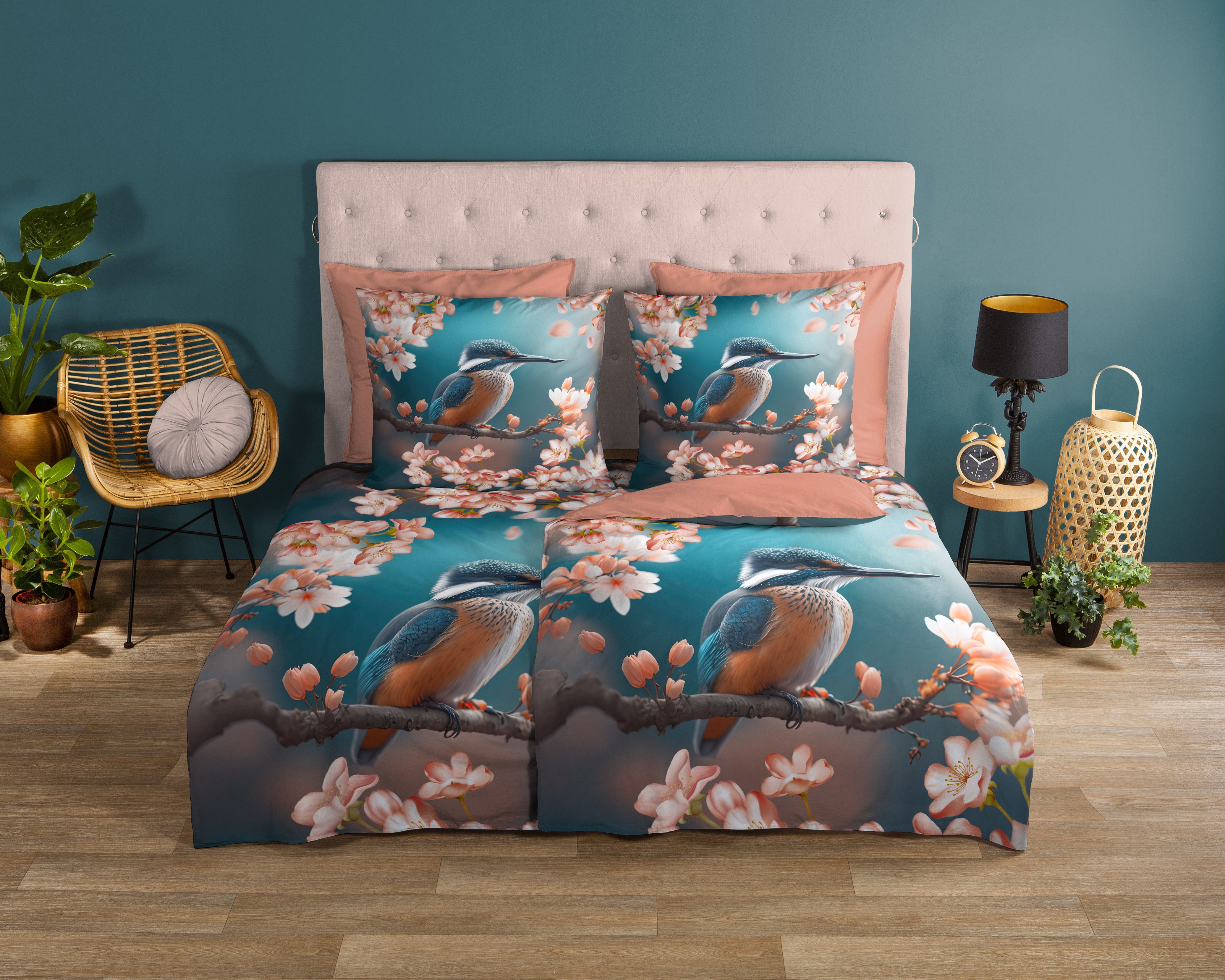 good morning Wendebettwäsche Monti, Renforcé, 2 teilig, 100% Baumwolle, Renforcé, Reißverschluss, Wendeoptik, Blumen, Eisvogel – Bild 2 von 4