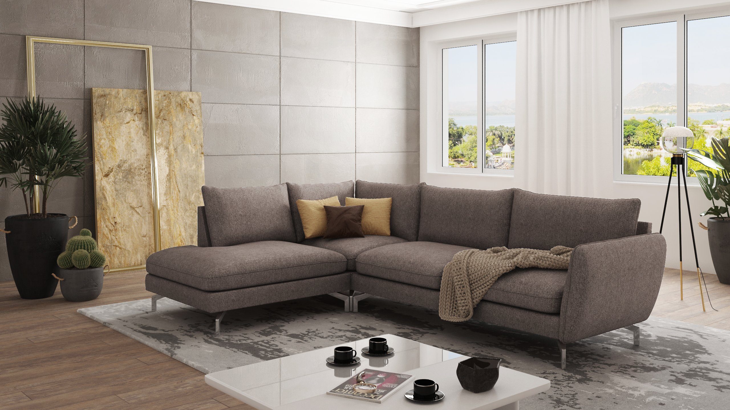 S-Style Möbel Ecksofa Modernes Benita mit Silber Metall Füßen, mane links oder rechts bestellbar, mit Wellenfederung Braun - Khaki