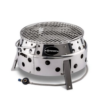 Petromax Camping-Gasgrill Atago Gasgrill Gaskartusche 500g Grillrost Ø 28cm Campinggrill, Spar-Set, 2-teilig, mit intelligenten Klappmechanismus