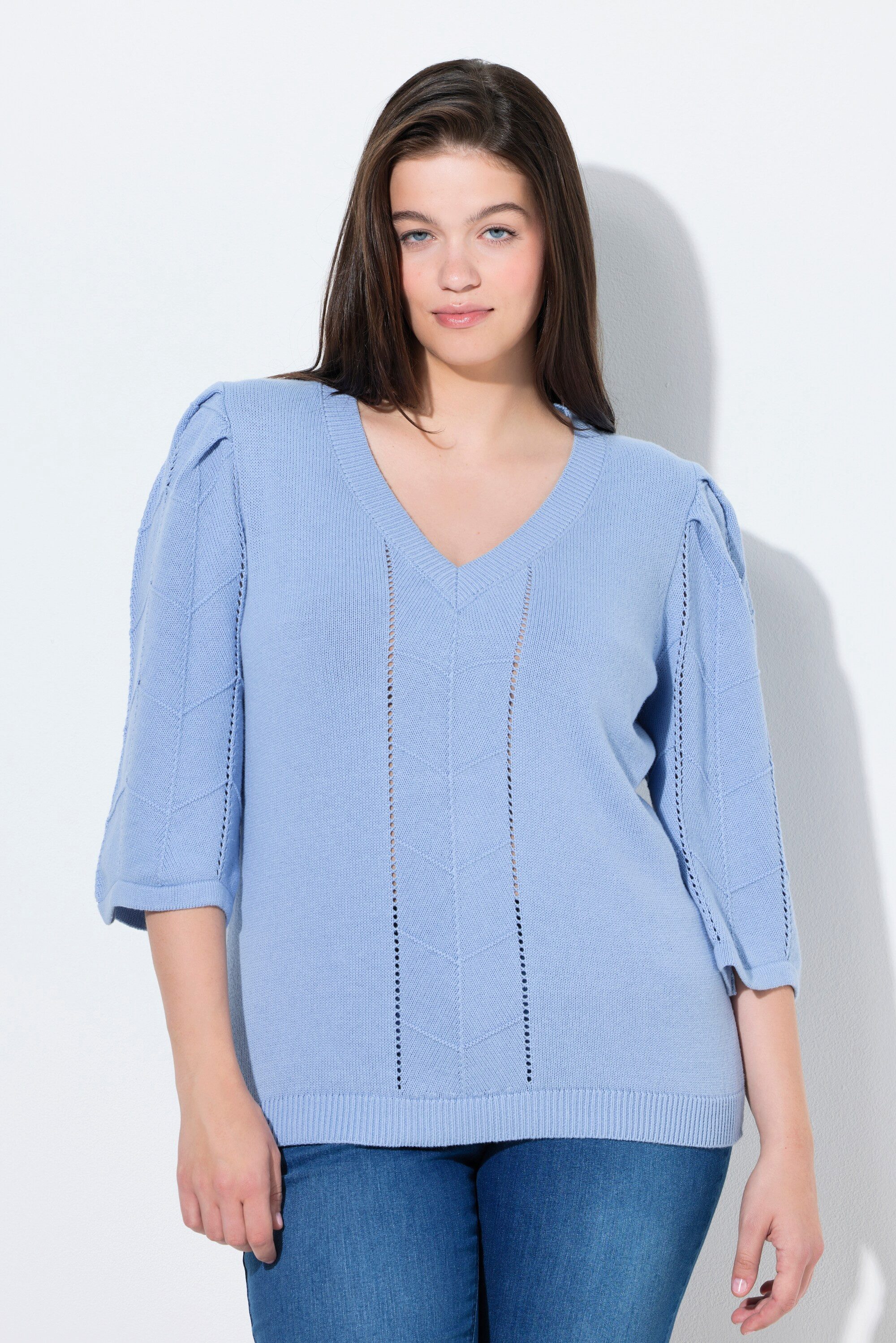 Ulla Popken Fleecepullover Pullover Ajourstrick V-Ausschnitt 3/4-Arm