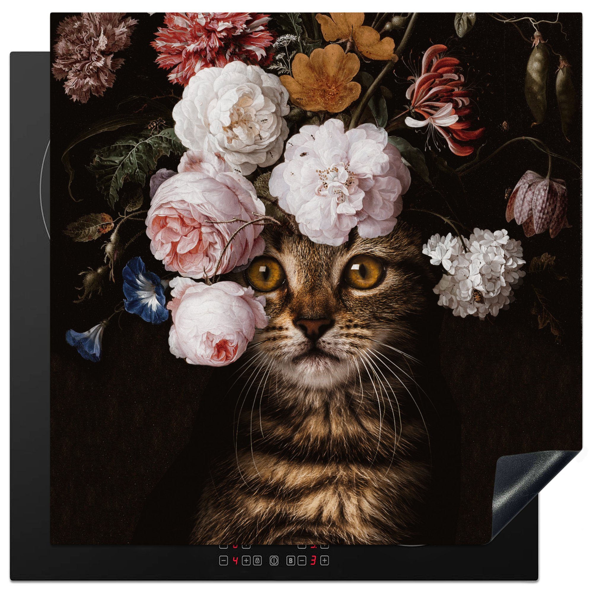 MuchoWow Herdblende-/Abdeckplatte Katze - cm, Ceranfeldabdeckung, - Blumen Haustier, (1 Arbeitsplatte für Vinyl, tlg), 78x78 küche