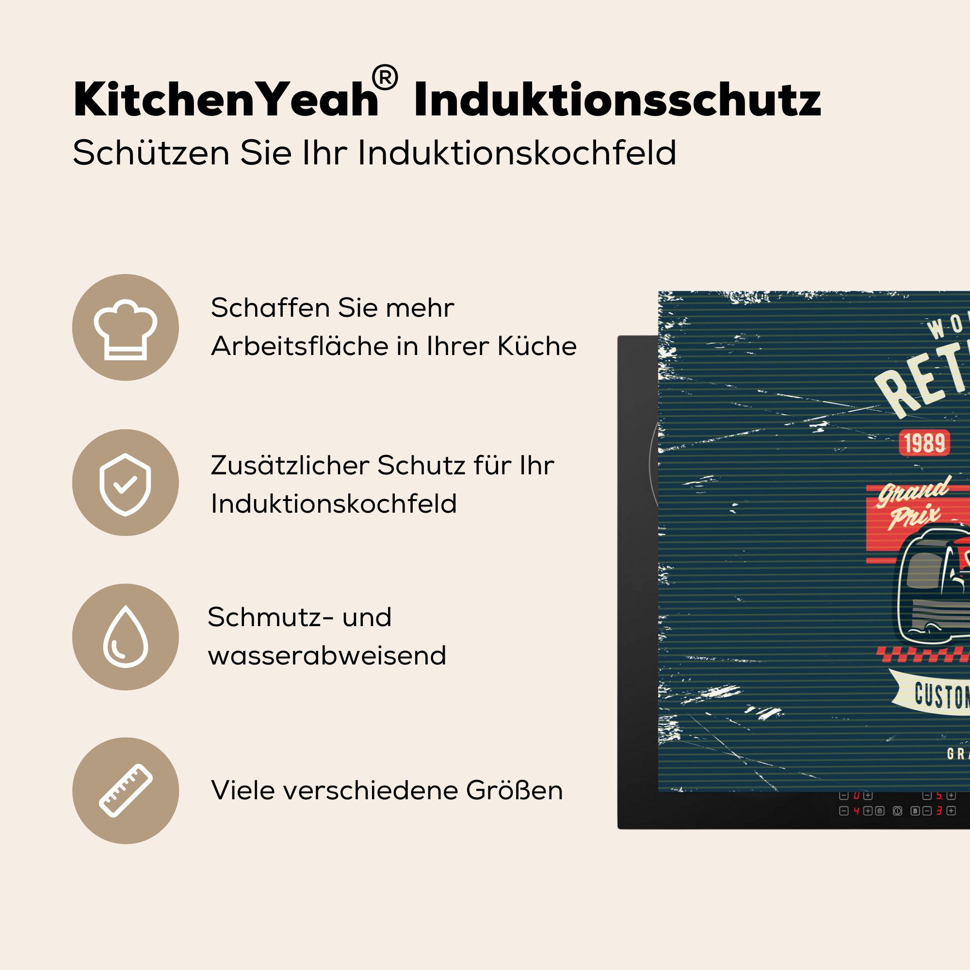 Rennwagen Retro - (1 - Vinyl, Zeichnung, Induktionskochfeld tlg), Schutz 81x52 küche, - für Herdblende-/Abdeckplatte cm, die Rennstrecke MuchoWow Ceranfeldabdeckung