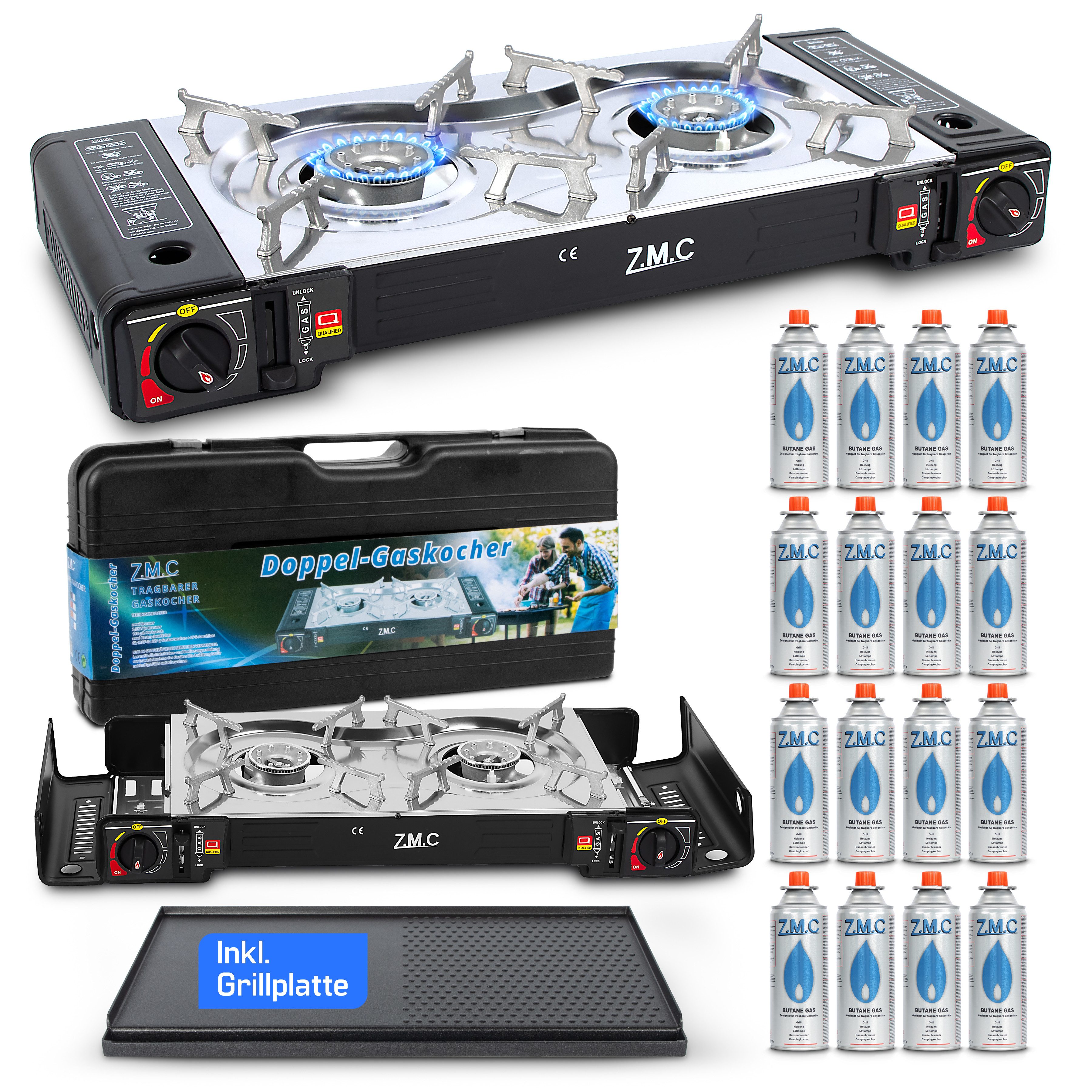 ZMC Gaskocher 2in1 Campingkocher Grillplatte mit Piezozündung + 16x Gaskartuschen, (2 Flammig Grill Platte Tischgrill Doppel Gasbrenner Gasgrill Kochfeld mit LPG Anschluß Wärmeleistung: 2,3KW), Butan Gas 227g Gaskocher Outdoor Camping Gas Мультиварки Herd Butangas